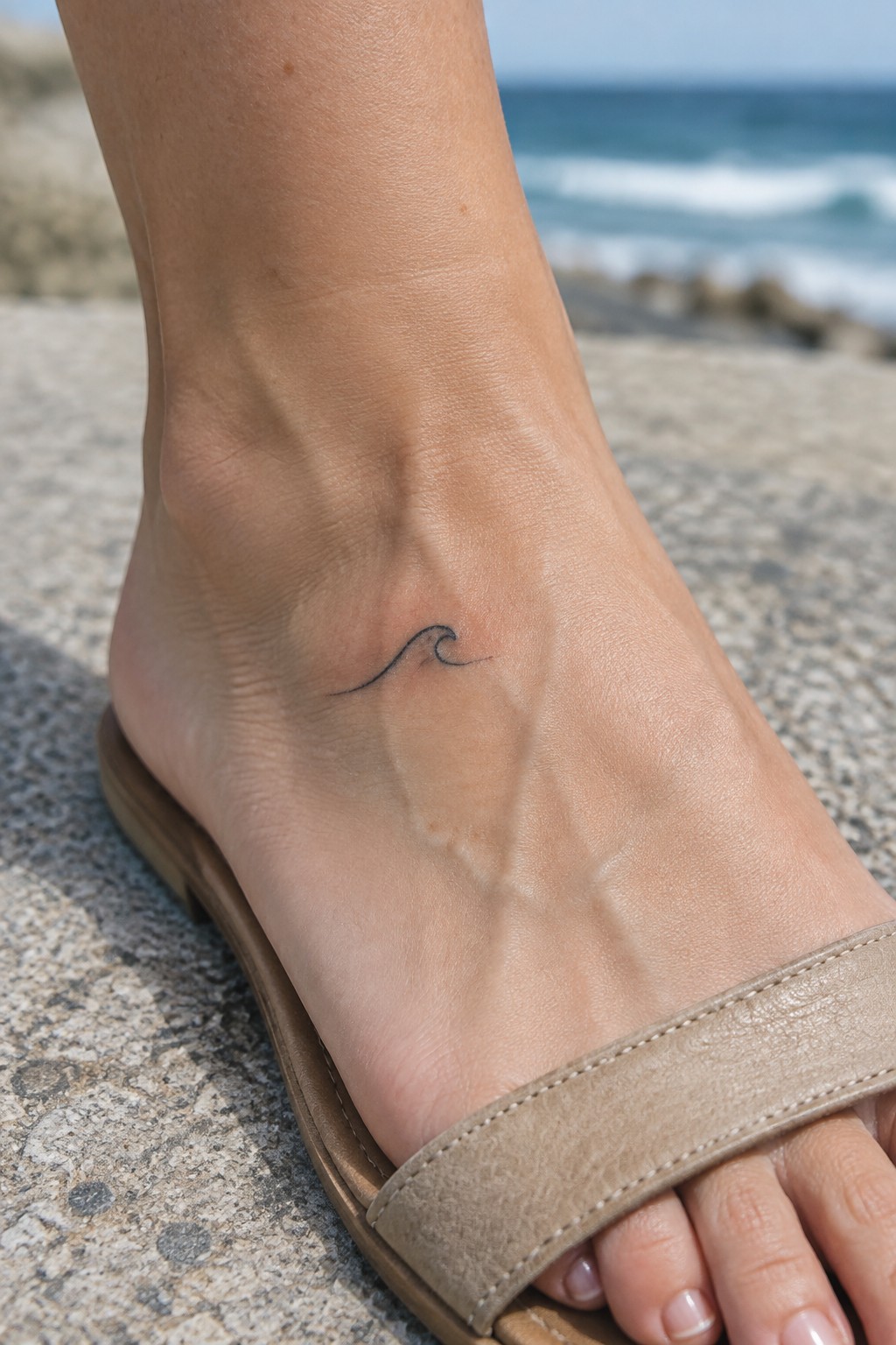 Wave tattoo on ankle above beige slide sandal on rocky beach with ocean view