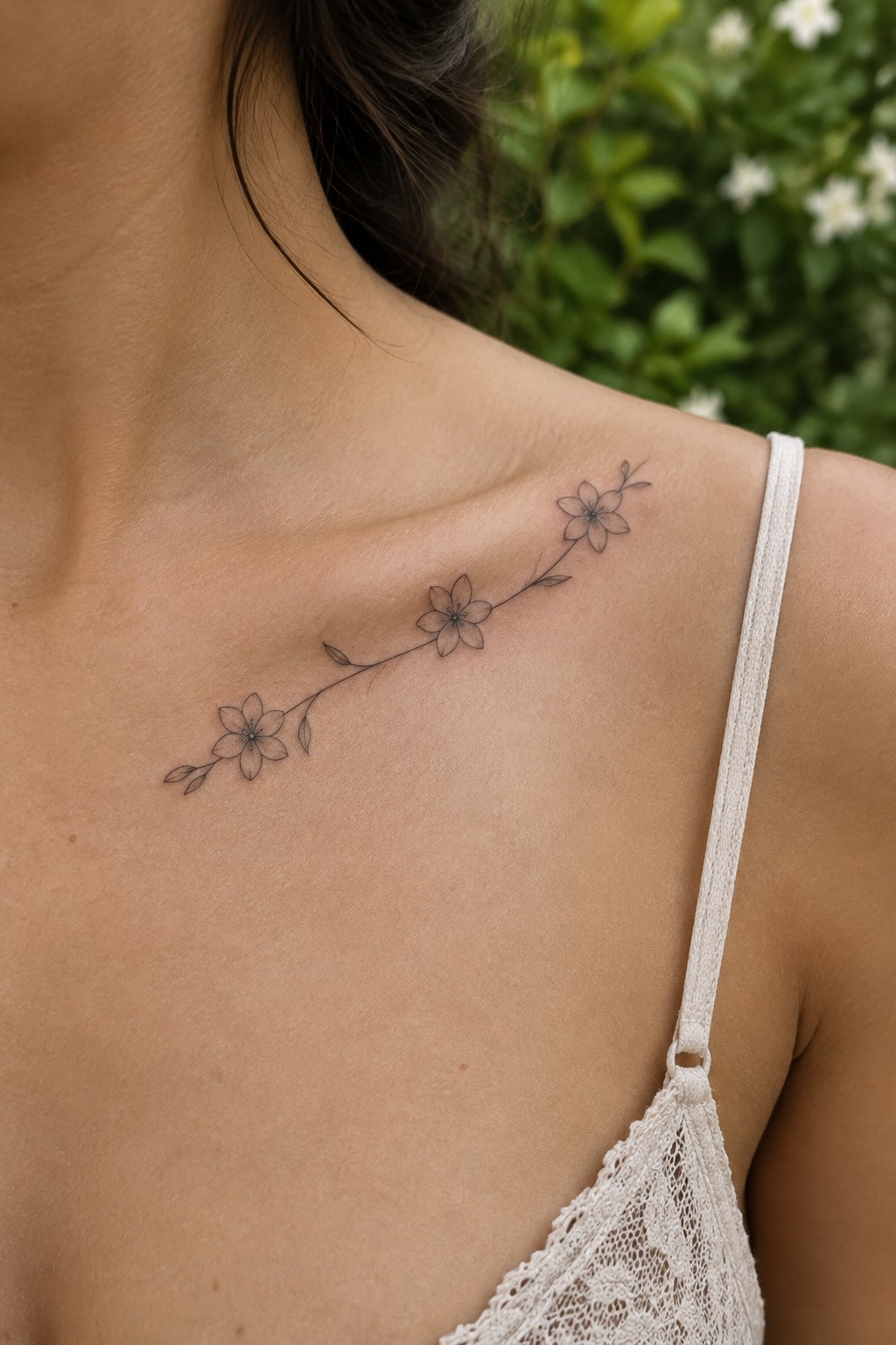 Delicate black floral tattoo across woman's shoulder beside white lace strap