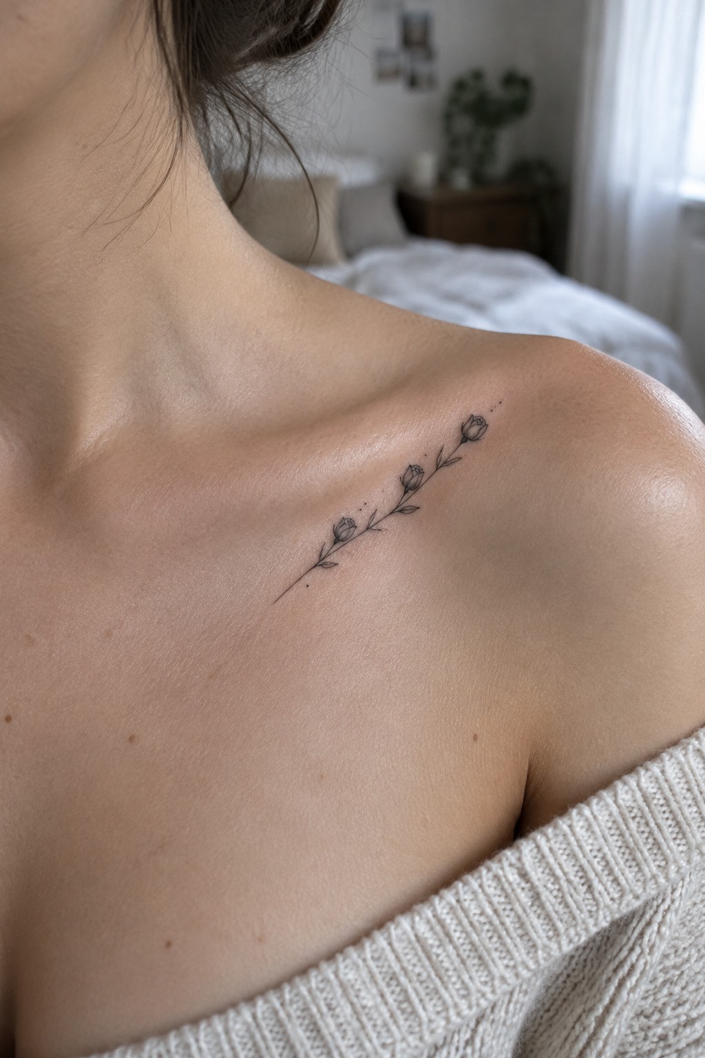 Delicate black rose tattoo on bare shoulder above off-white knit sweater