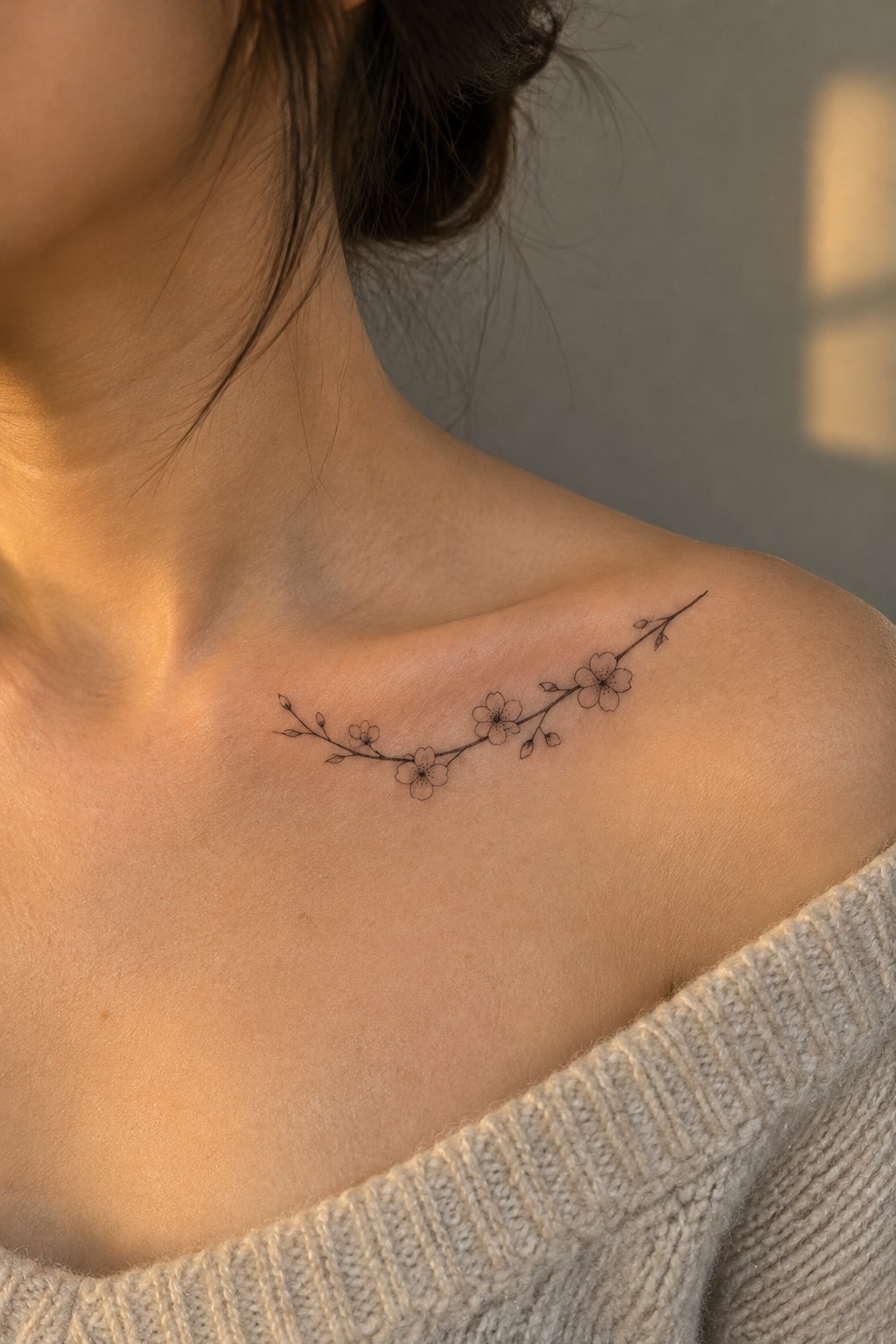 Sunlit shoulder with delicate black cherry blossom branch tattoo above beige knit sweater.