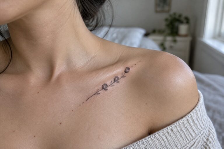 Delicate black rose tattoo on bare shoulder above off-white knit sweater