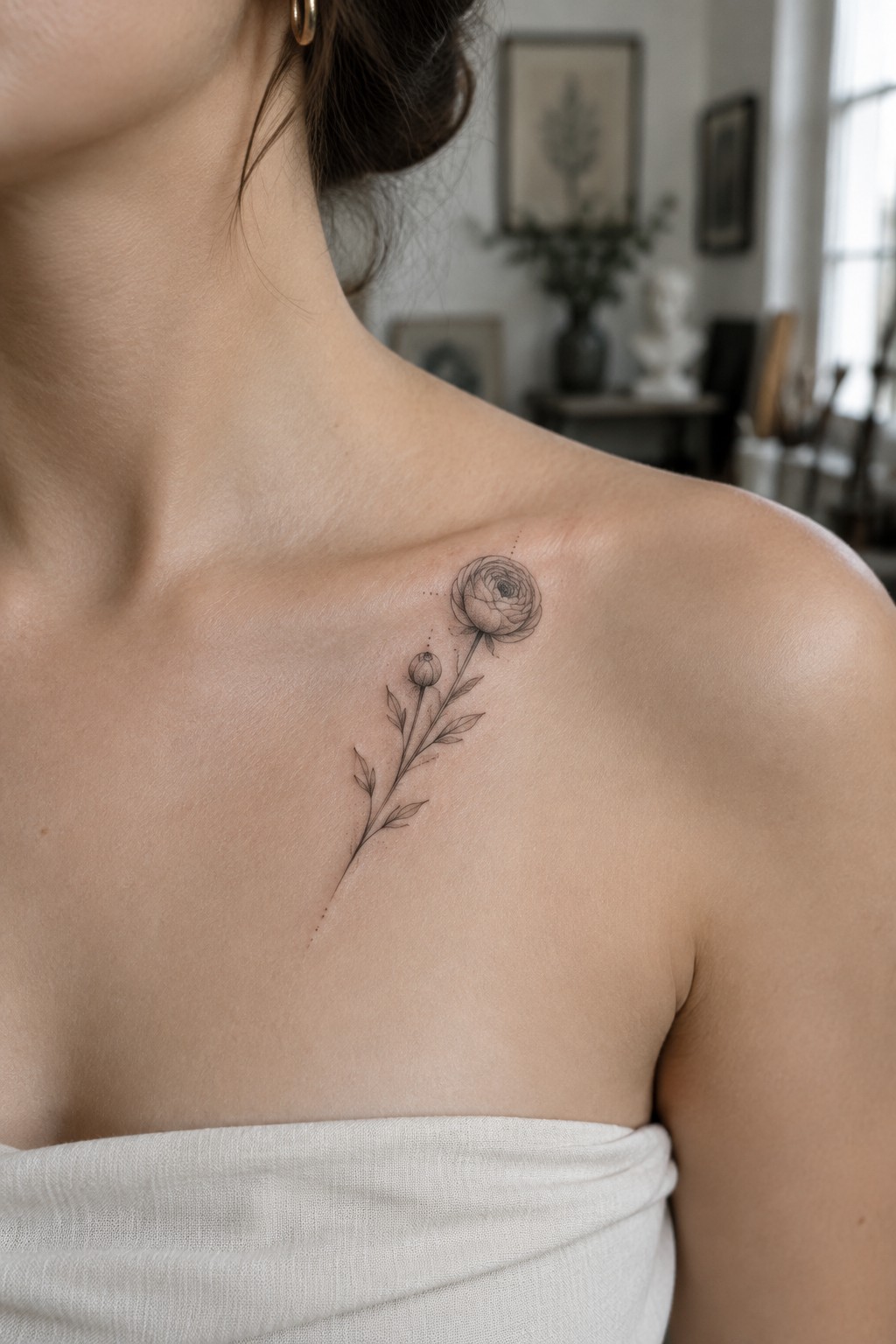 Woman's shoulder with delicate black rose tattoo above white strapless wrap