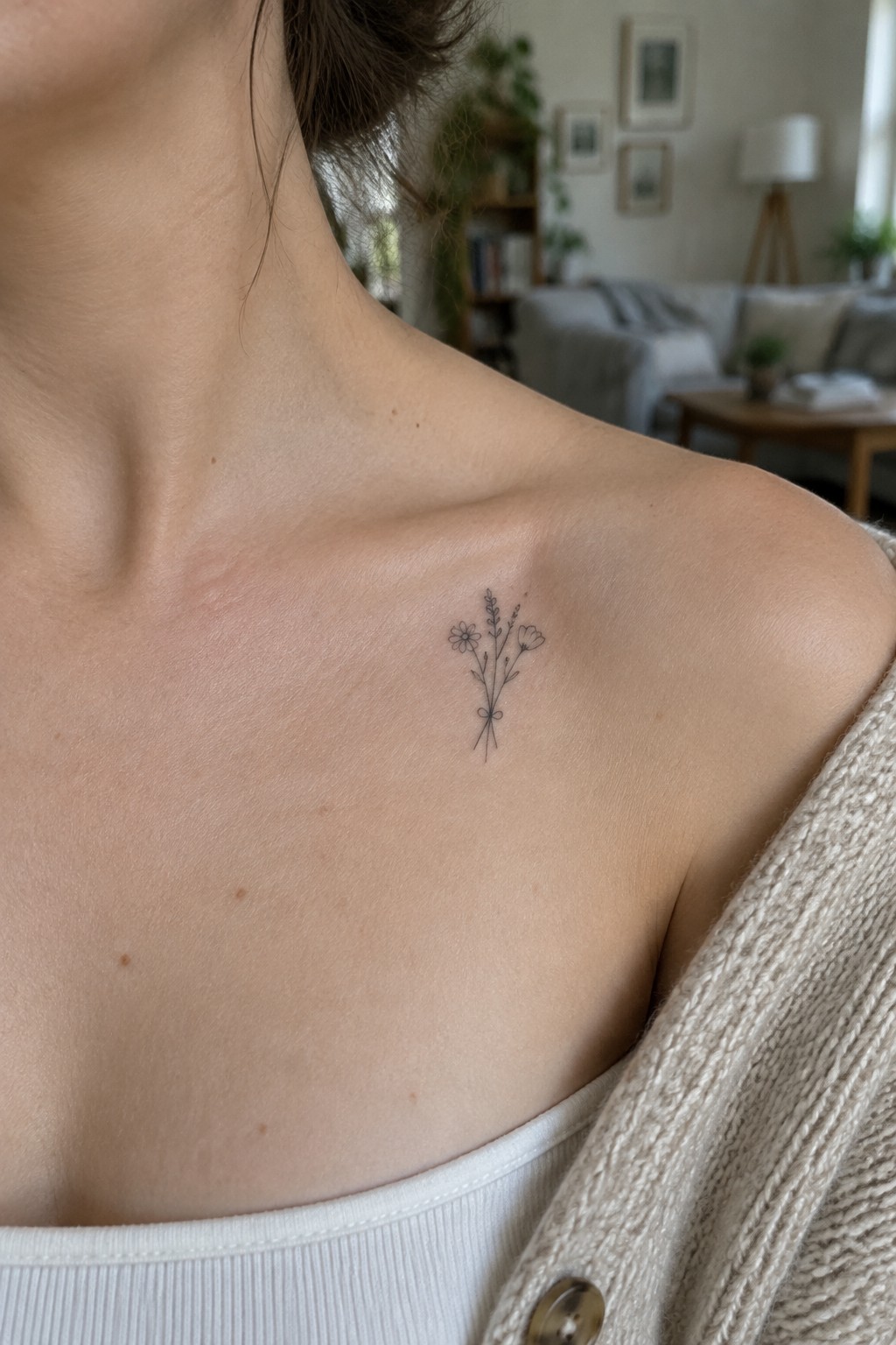 Small floral tattoo on shoulder above white top and beige cardigan.