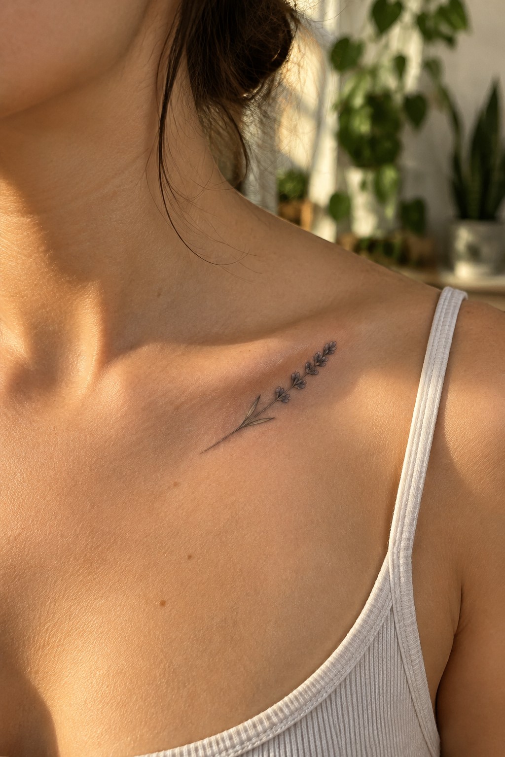 Sunlit shoulder with delicate lavender tattoo above white ribbed tank strap