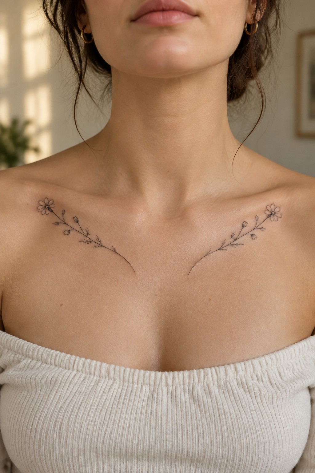 Woman in off-white off-shoulder top with symmetrical floral collarbone tattoos