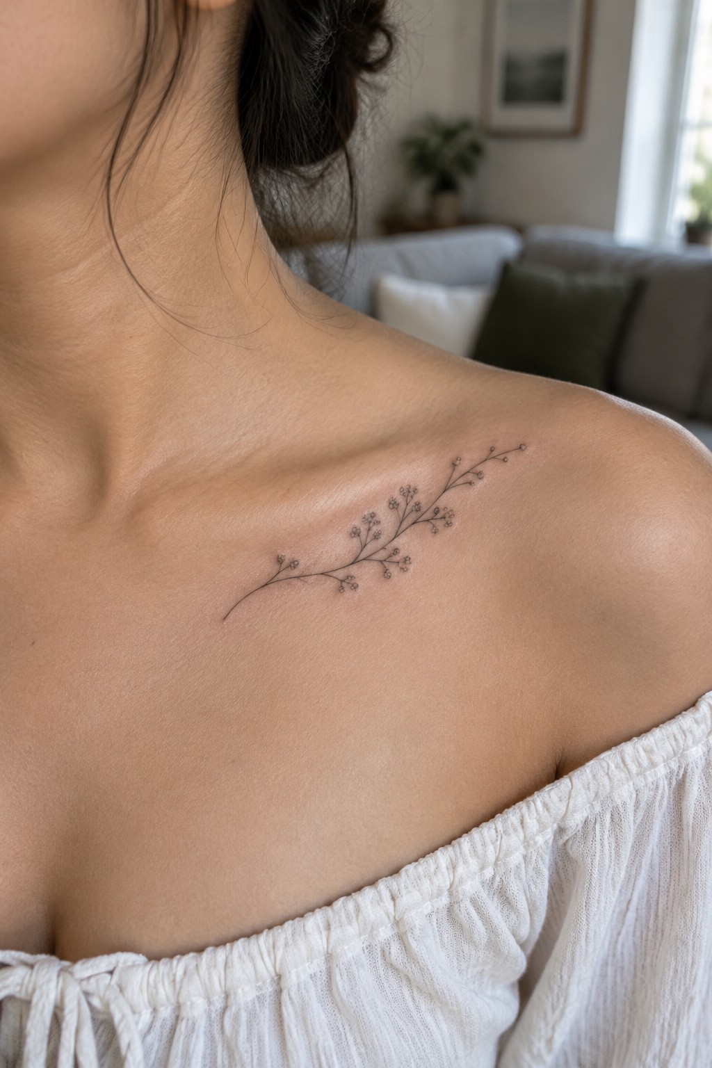 Floral tattoo on woman's shoulder above white off-shoulder ruffled top