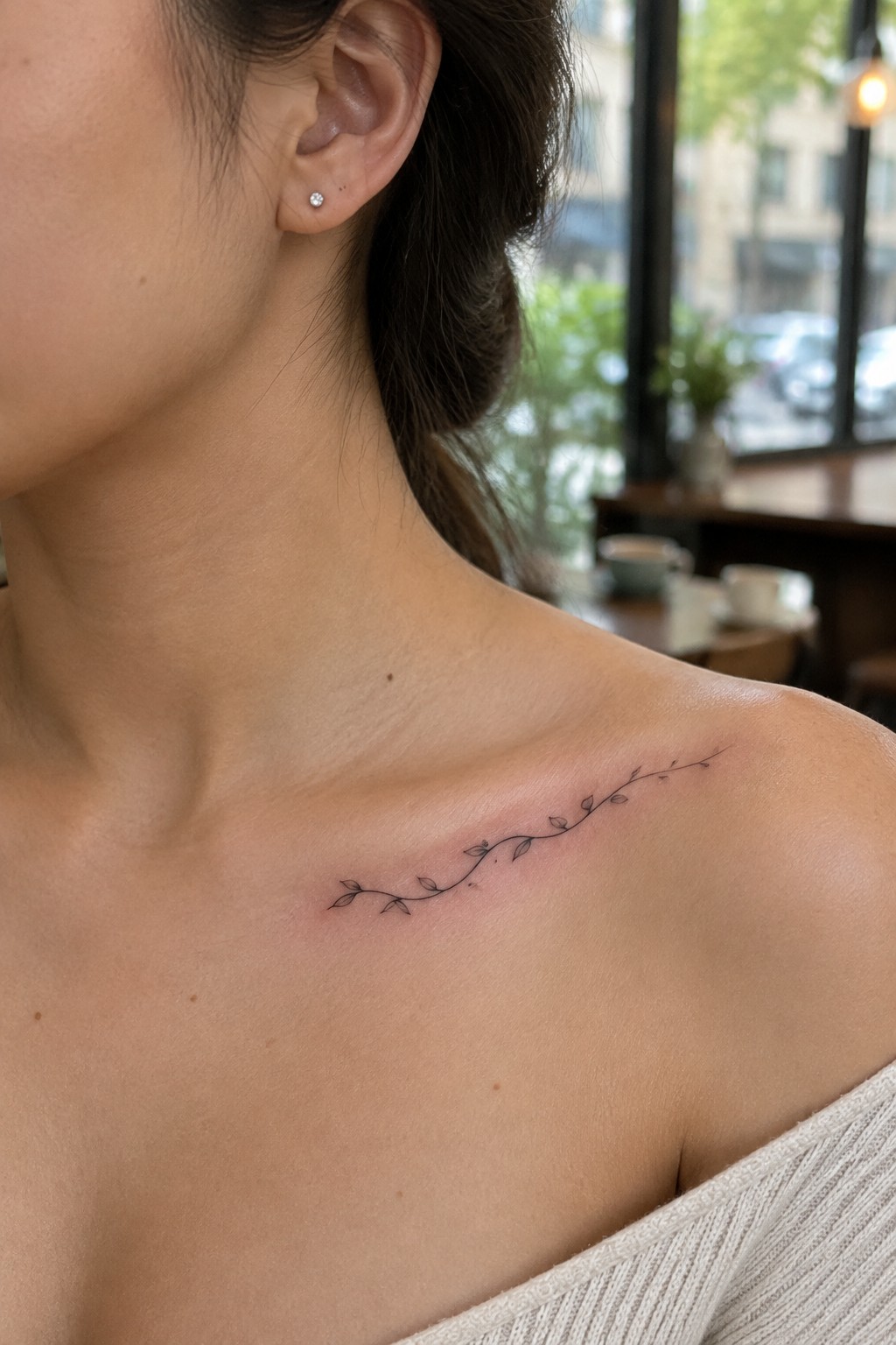 Woman's collarbone with delicate black vine leaf tattoo, off-shoulder beige top.