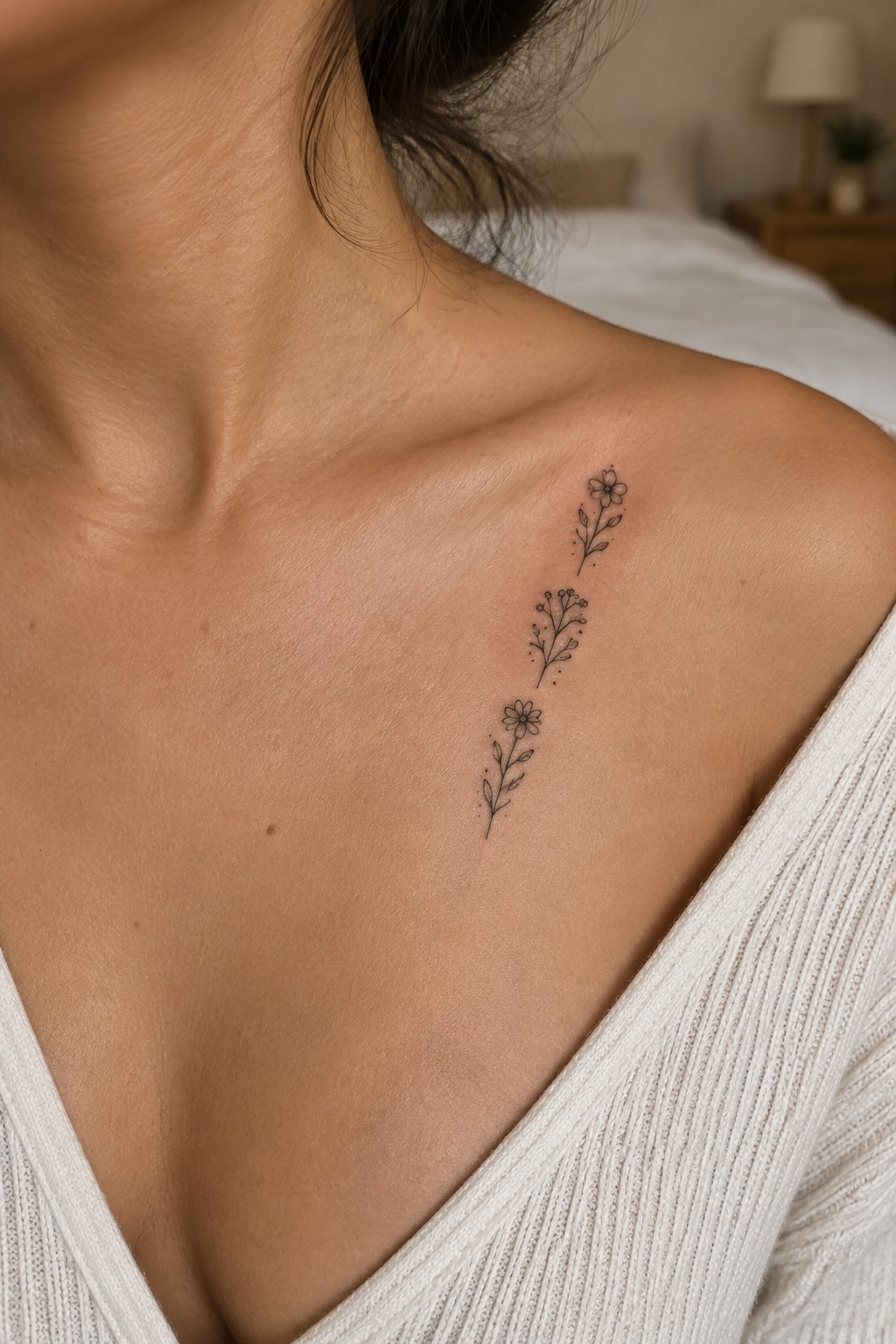 Floral tattoo on shoulder above white ribbed V-neck top