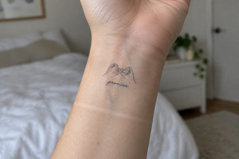 Wrist with minimalist line tattoo of two interlocked hands and "promise" script below.