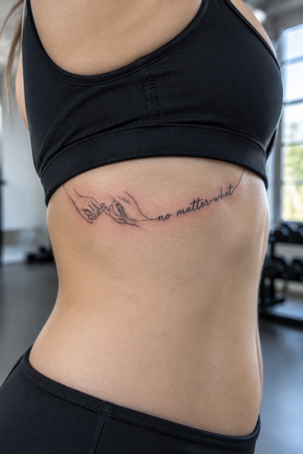 Black sports bra and line-art pinky promise tattoo on ribcage in gym