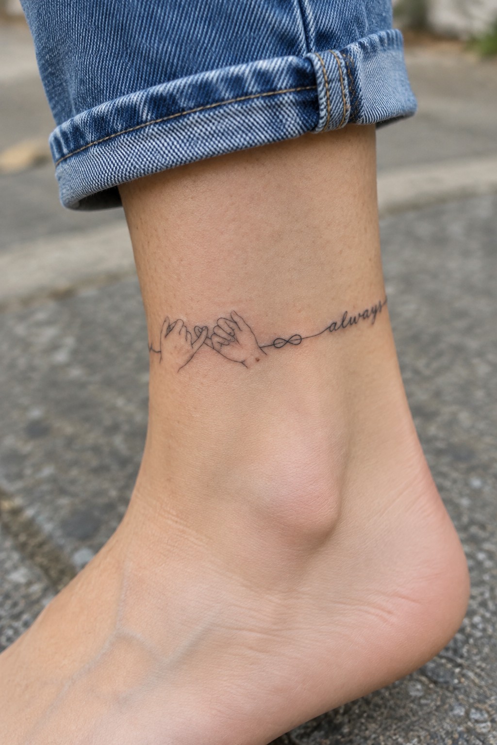 Fine line black ink tattoo on an ankle showing two linked pinky fingers, an infinity symbol, and the word always in cursive script.