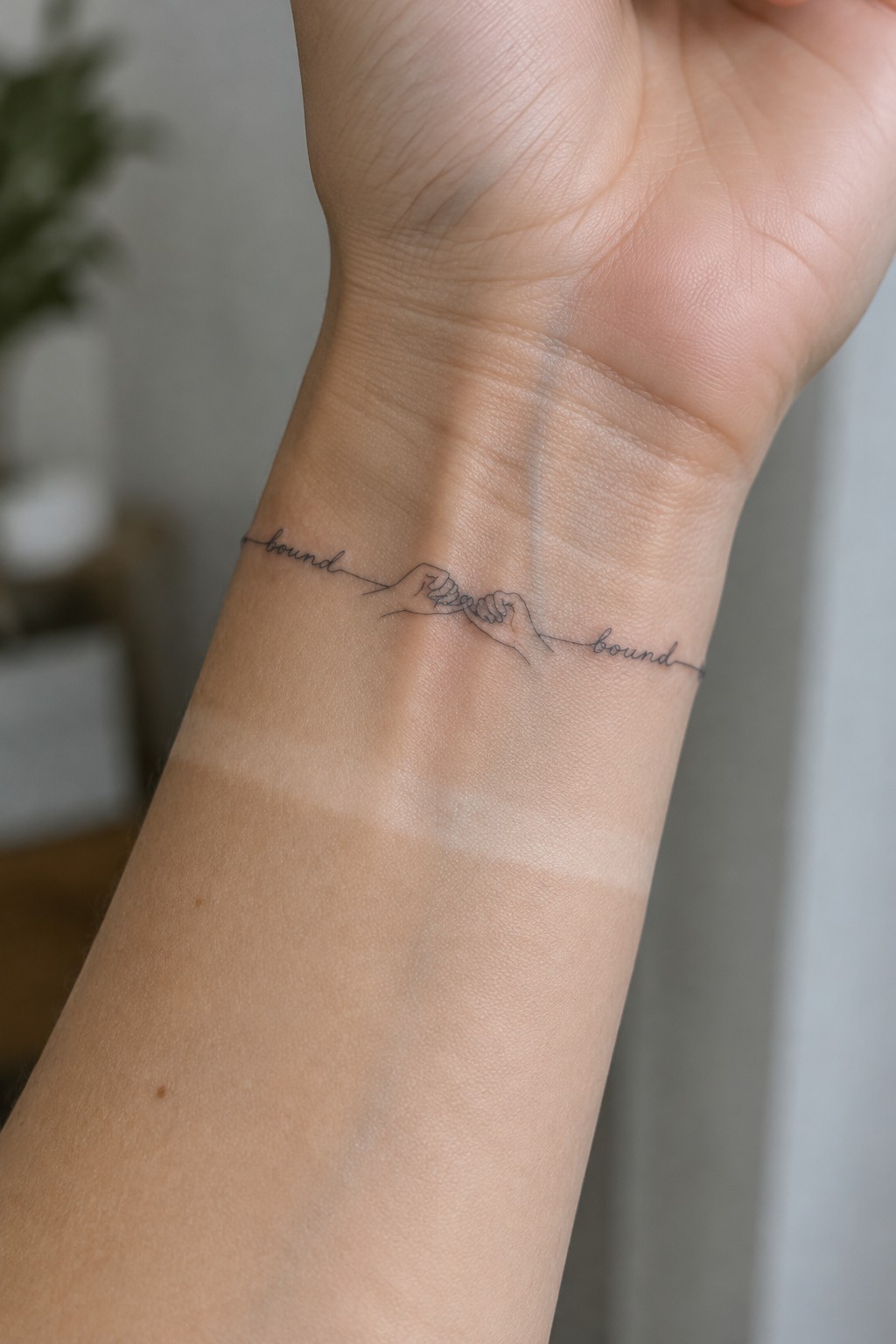 Minimalist line tattoo on wrist of two holding hands with 