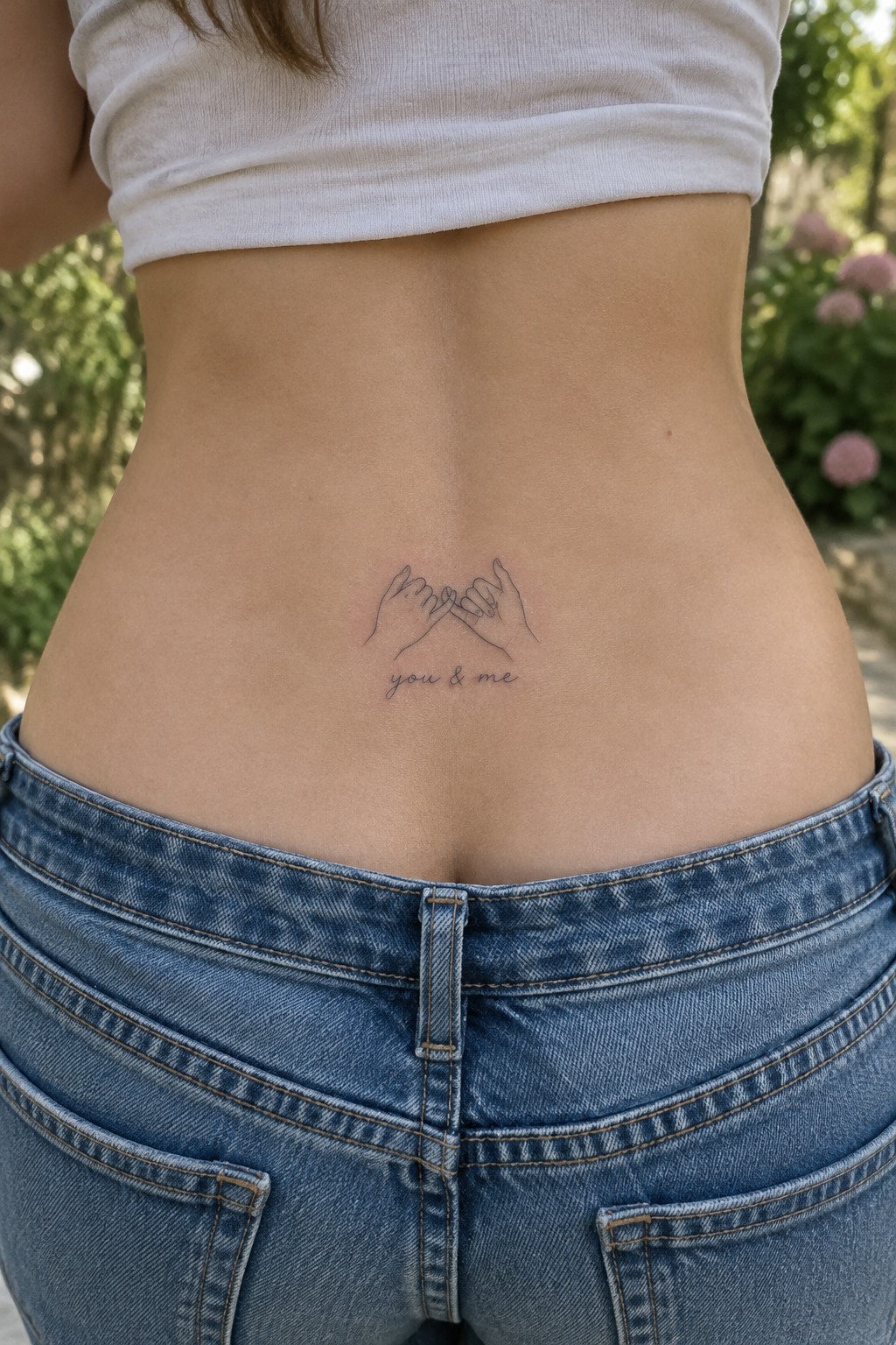 Lower back tattoo of linked pinky hands with 