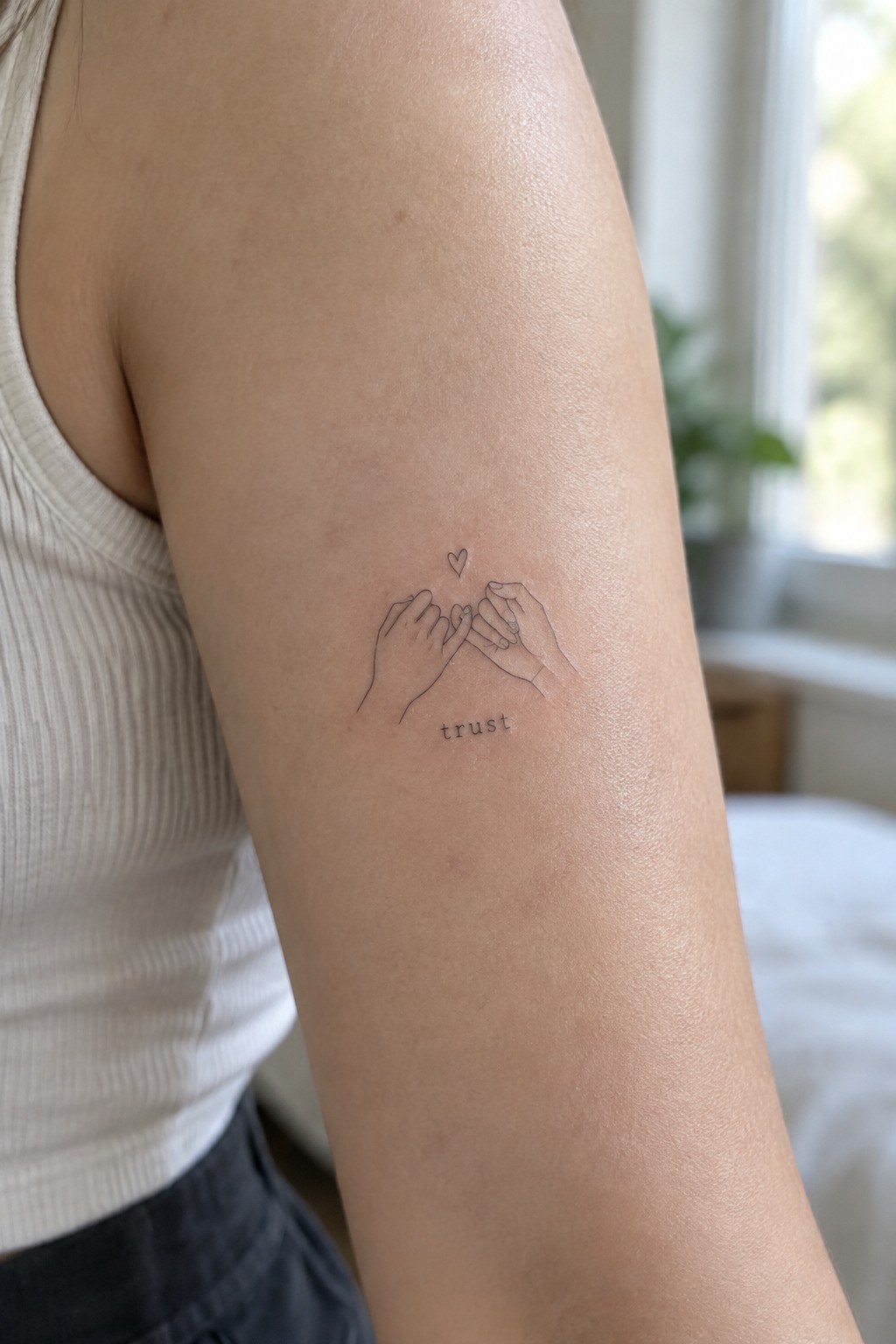 Upper arm tattoo of two hands touching fingers, small heart above, and 