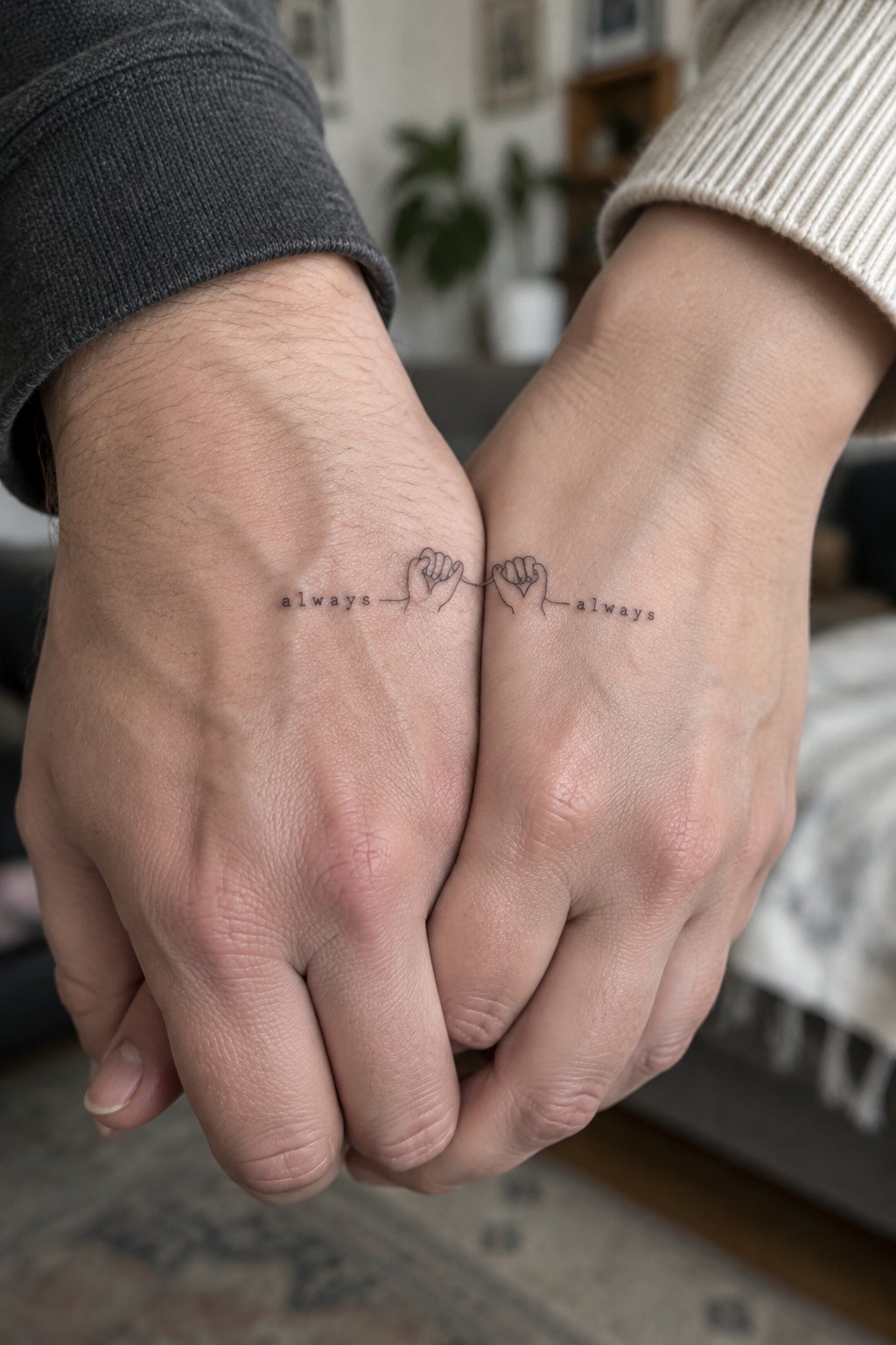 Two hands in gray and beige sleeves with matching always pinky promise tattoos.