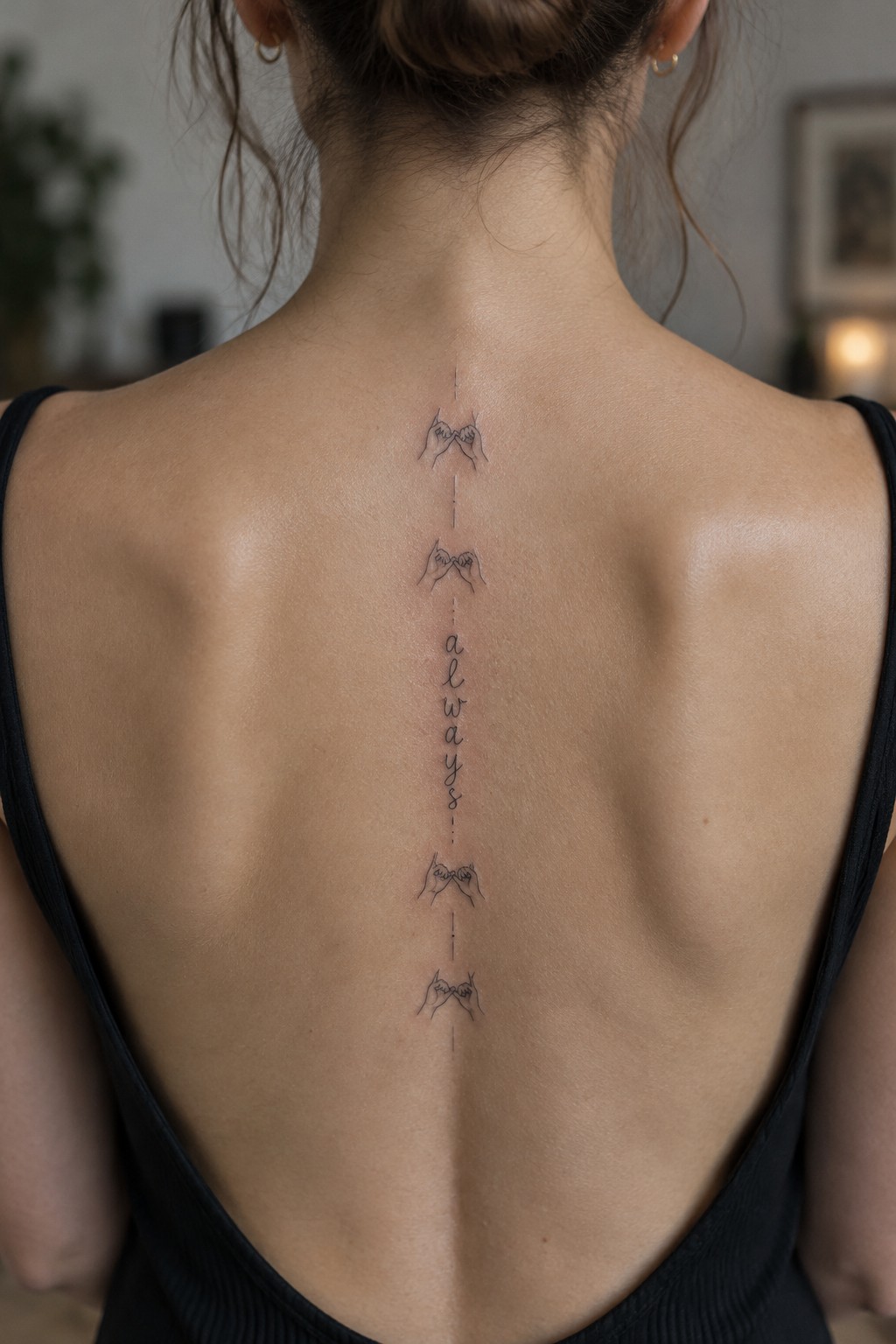 Woman's back with vertical tattoo of heart-shaped hands and 