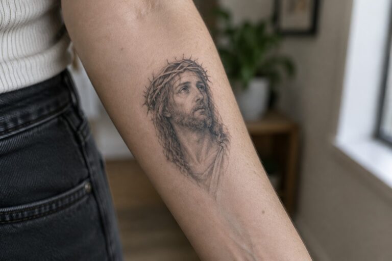 19 Powerful Biblical Tattoos Centered on Small Jesus Portraits Detailed black-and-gray Jesus tattoo with crown of thorns on forearm near white top and jeans