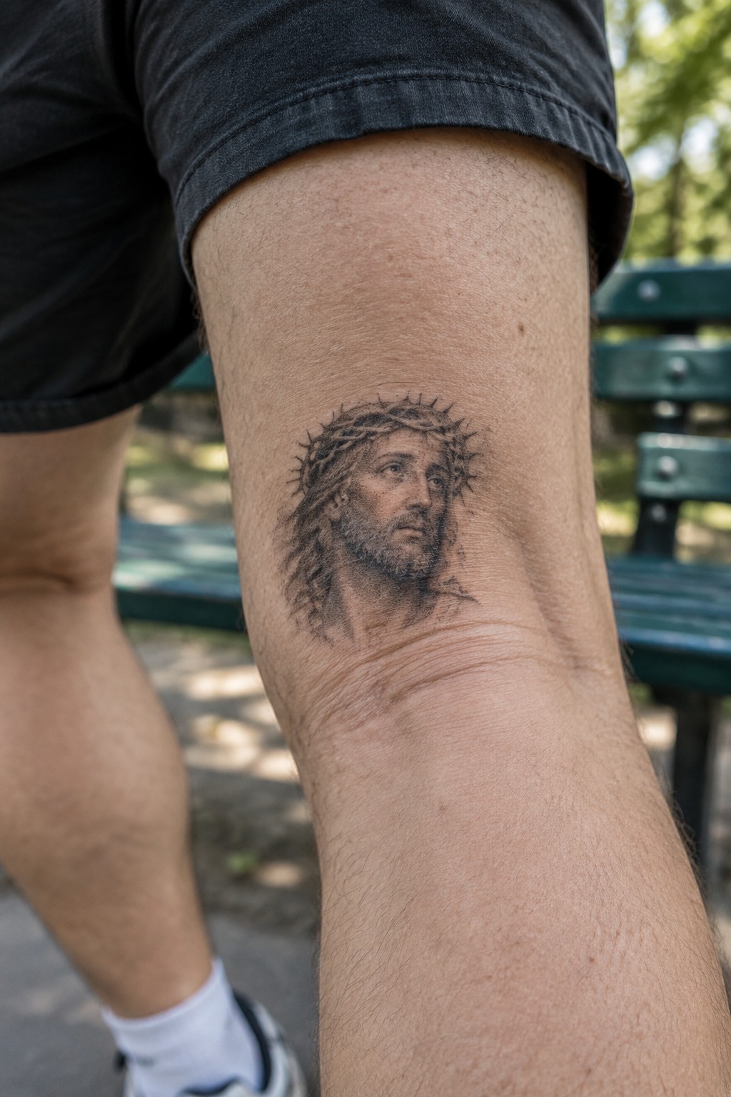 Black-and-gray Jesus tattoo with crown of thorns on thigh beside black shorts and green bench.