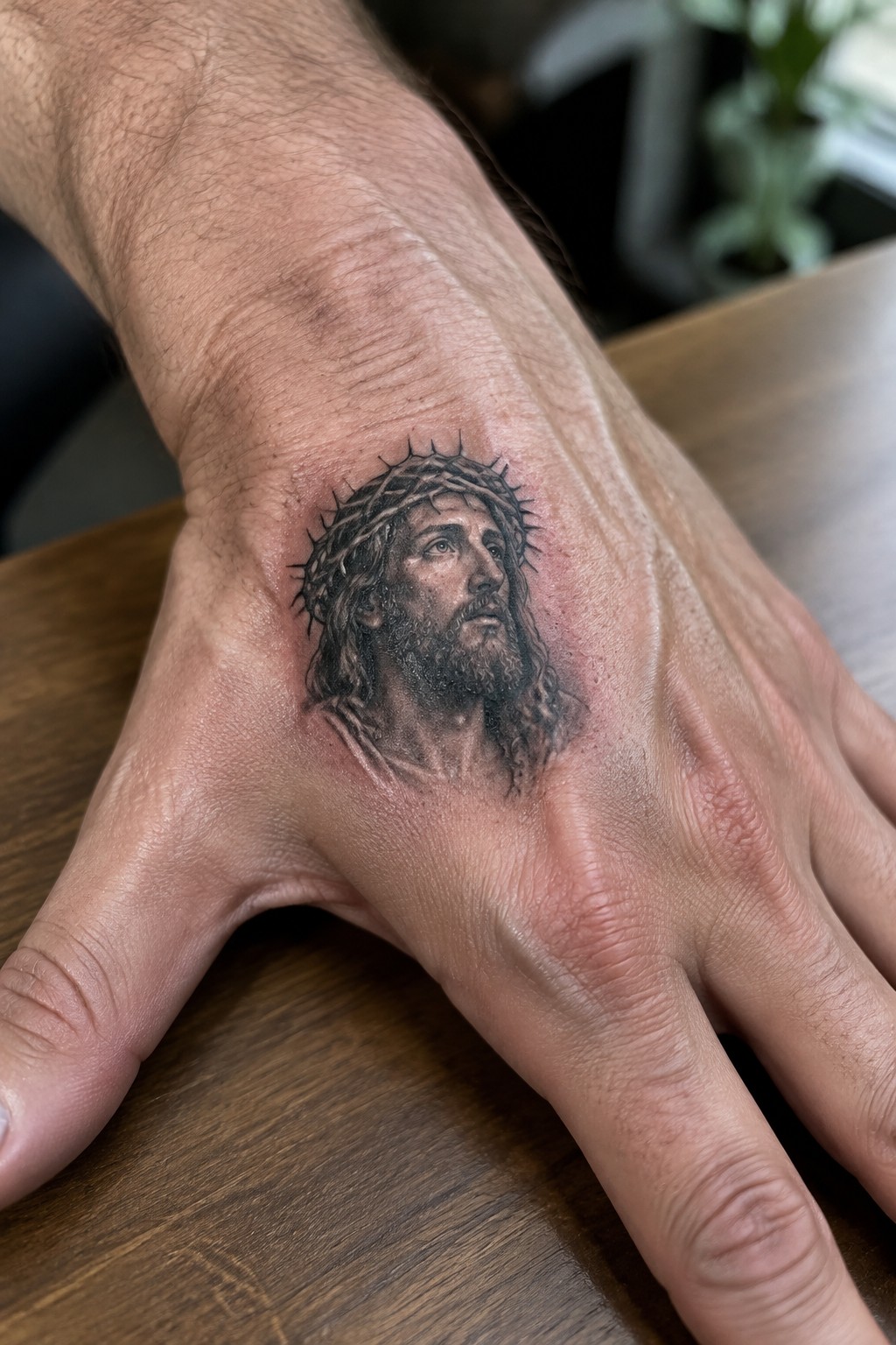 Realistic black and grey tattoo of Jesus with crown of thorns on the back of a hand