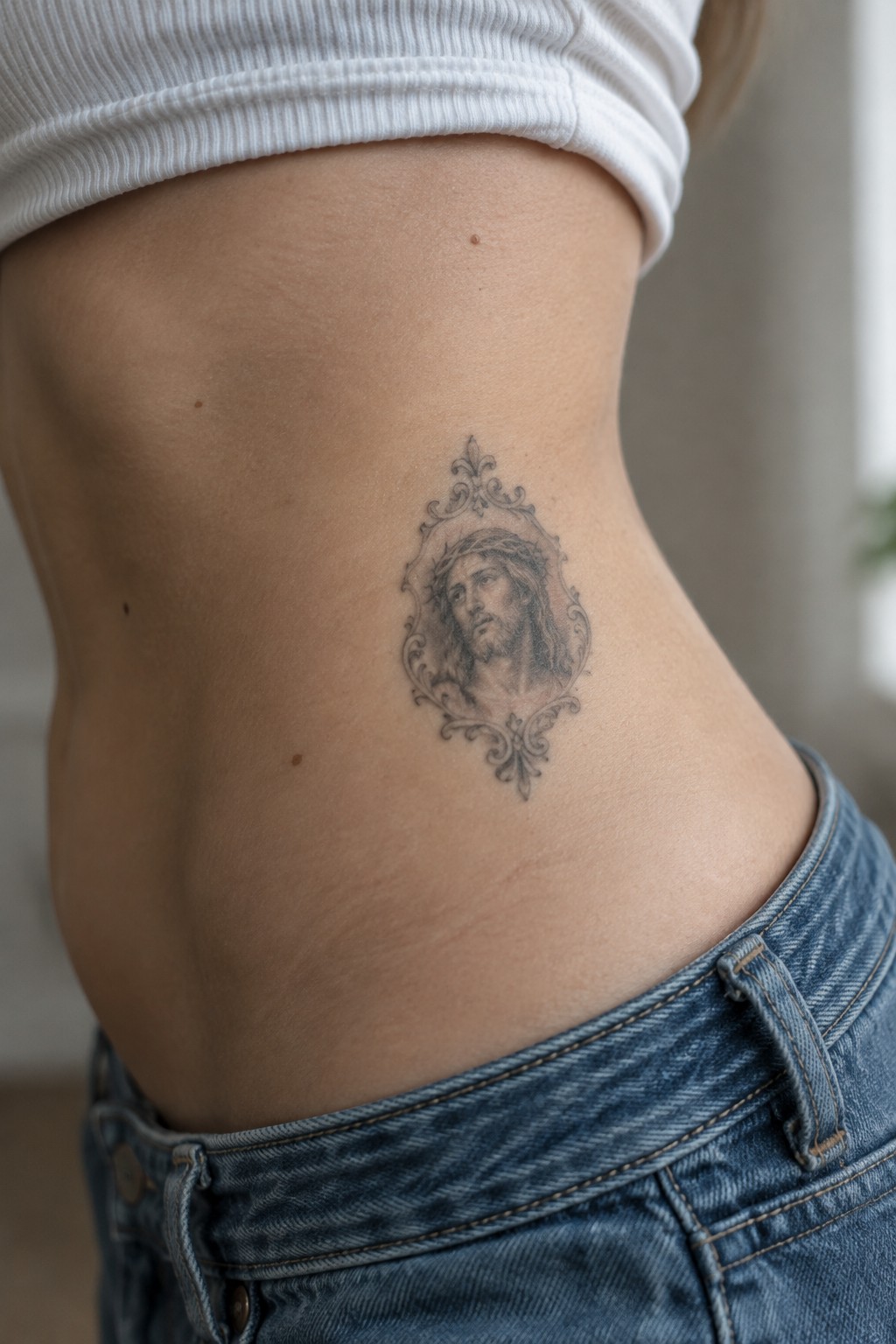 Ornate Jesus tattoo in decorative frame on side above blue jeans and white top