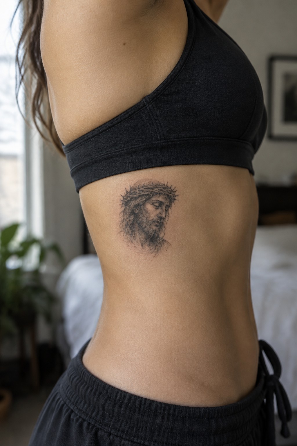 Woman's side with Jesus crown-of-thorns tattoo below black sports bra