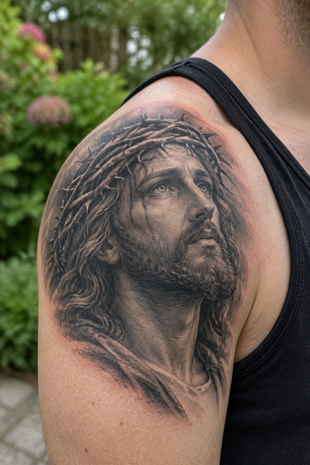 Realistic black-and-gray Jesus tattoo with crown of thorns on shoulder in black tank top.