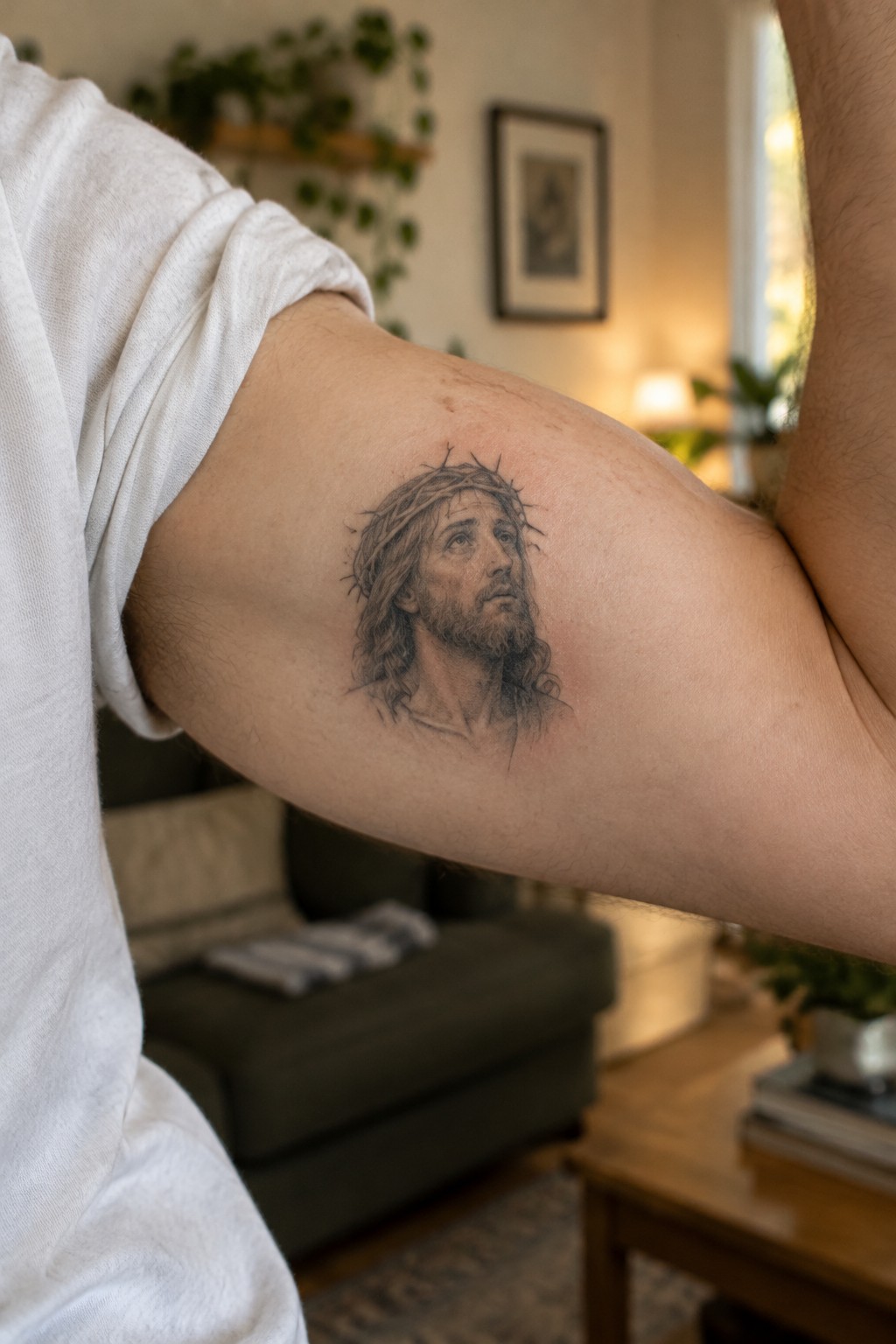 Small black and gray tattoo of Jesus with crown of thorns on the upper arm, shown from a side angle in a home setting.