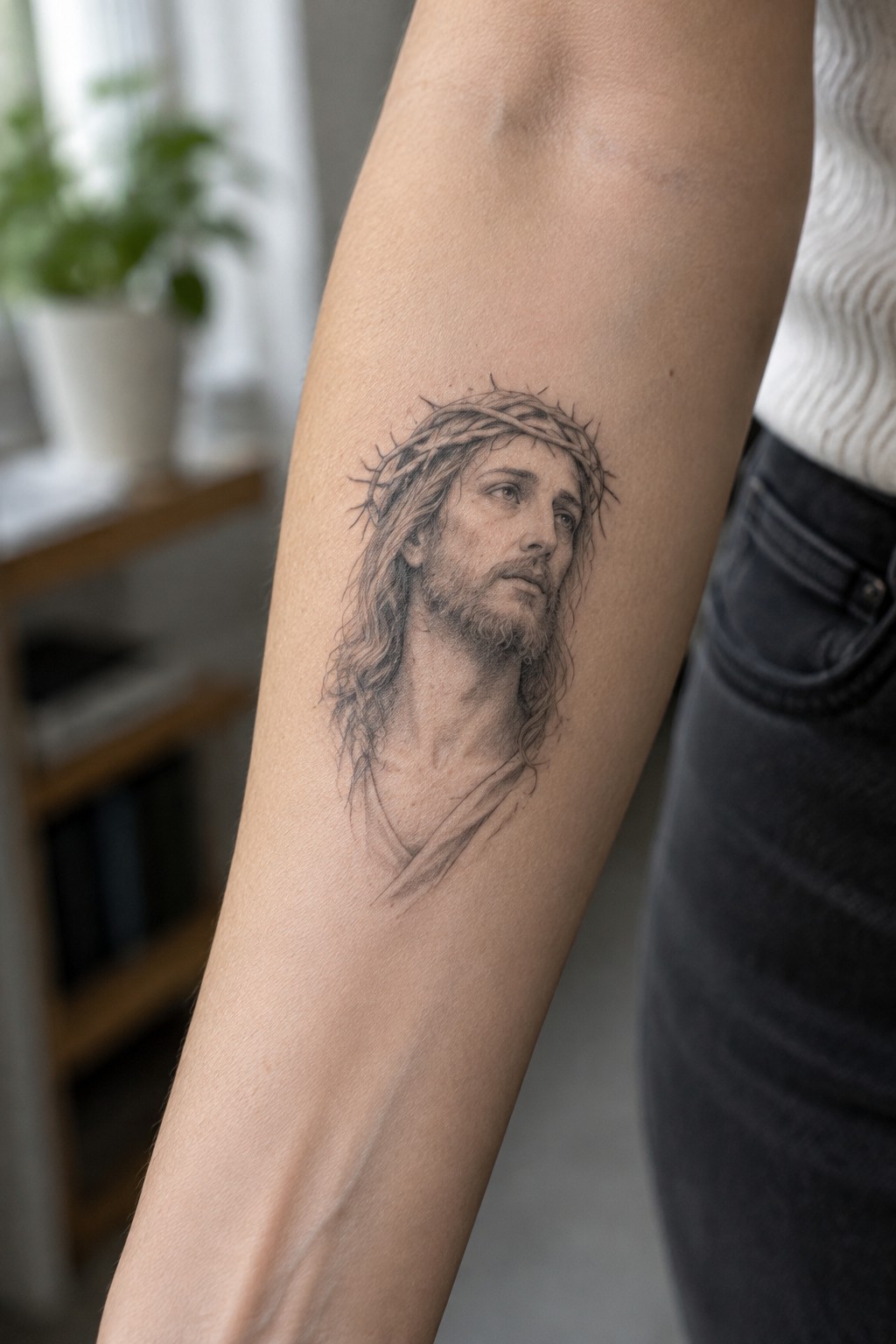 Detailed black-and-gray Jesus tattoo with crown of thorns on forearm near white top and jeans