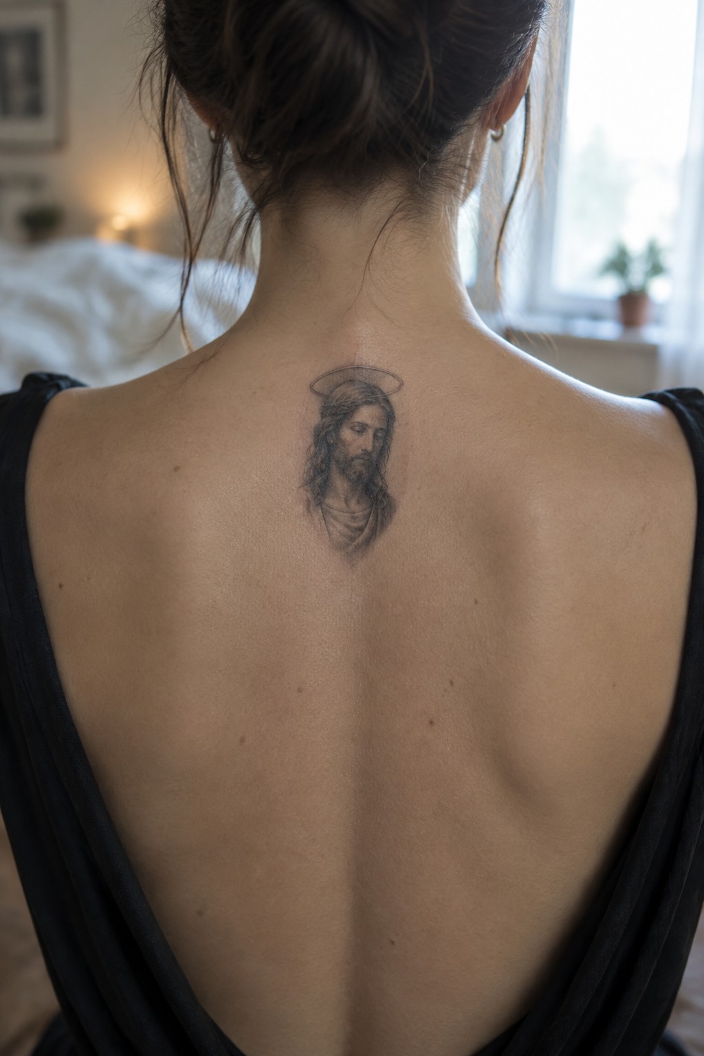 Woman's back with Jesus tattoo and halo, brown hair in bun, black low-back top.