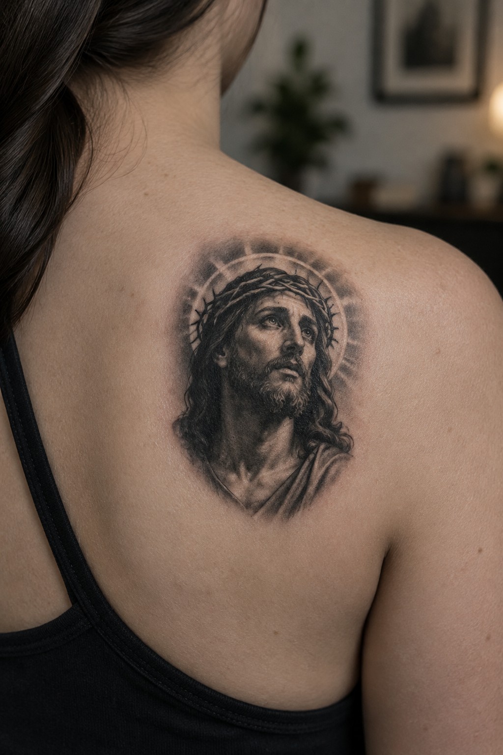 Realistic black-and-gray tattoo of Jesus with crown of thorns and halo on shoulder