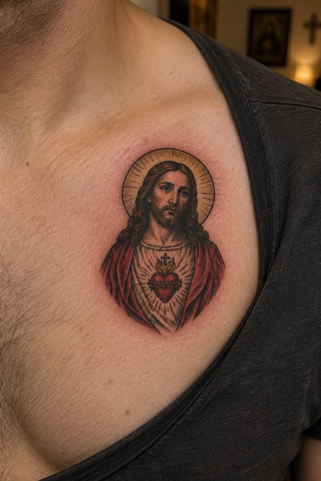 Jesus with halo and sacred heart tattoo on chest above dark t-shirt