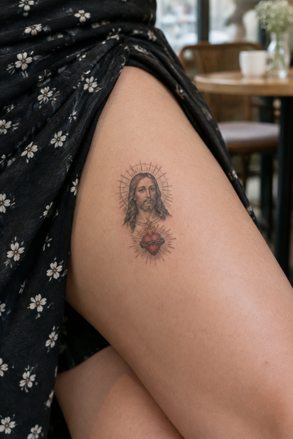 Jesus tattoo with halo and red sacred heart on thigh under black floral fabric