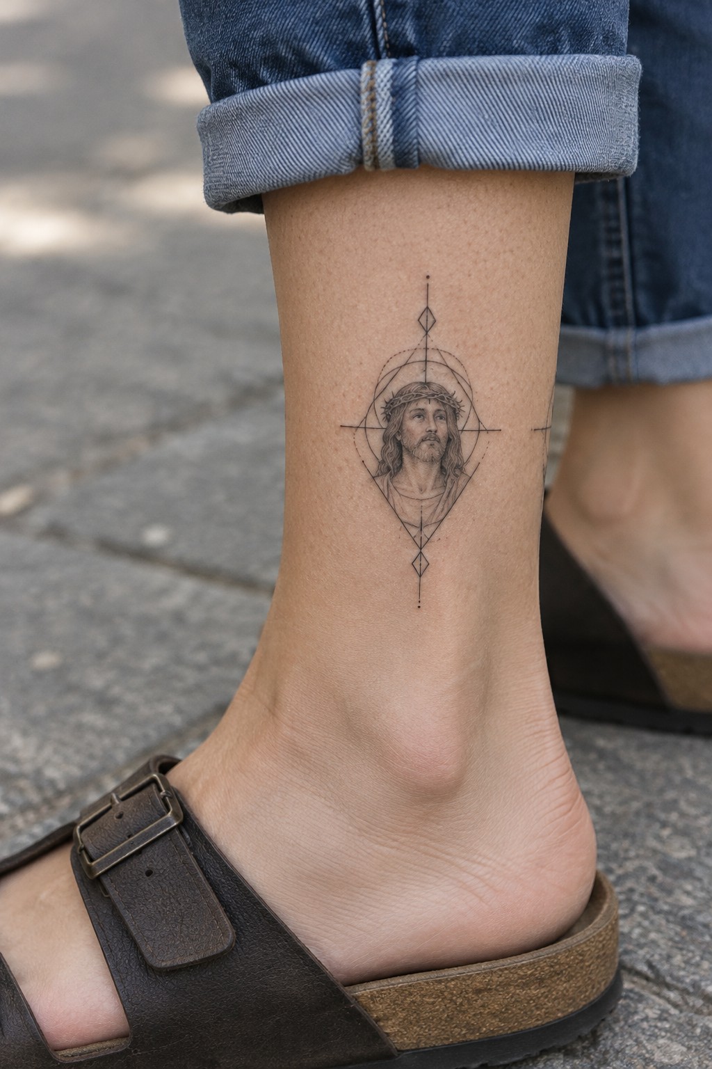 Jesus tattoo on ankle with sacred geometry lines, cuffed jeans, brown sandal