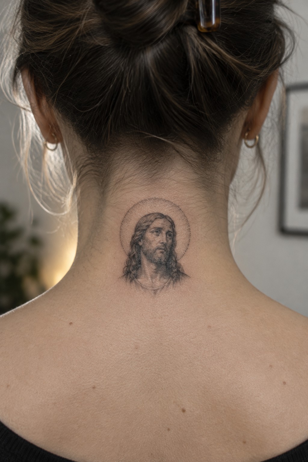 Small black and grey dotwork tattoo of Jesus with a dotted halo centered on the back of the neck