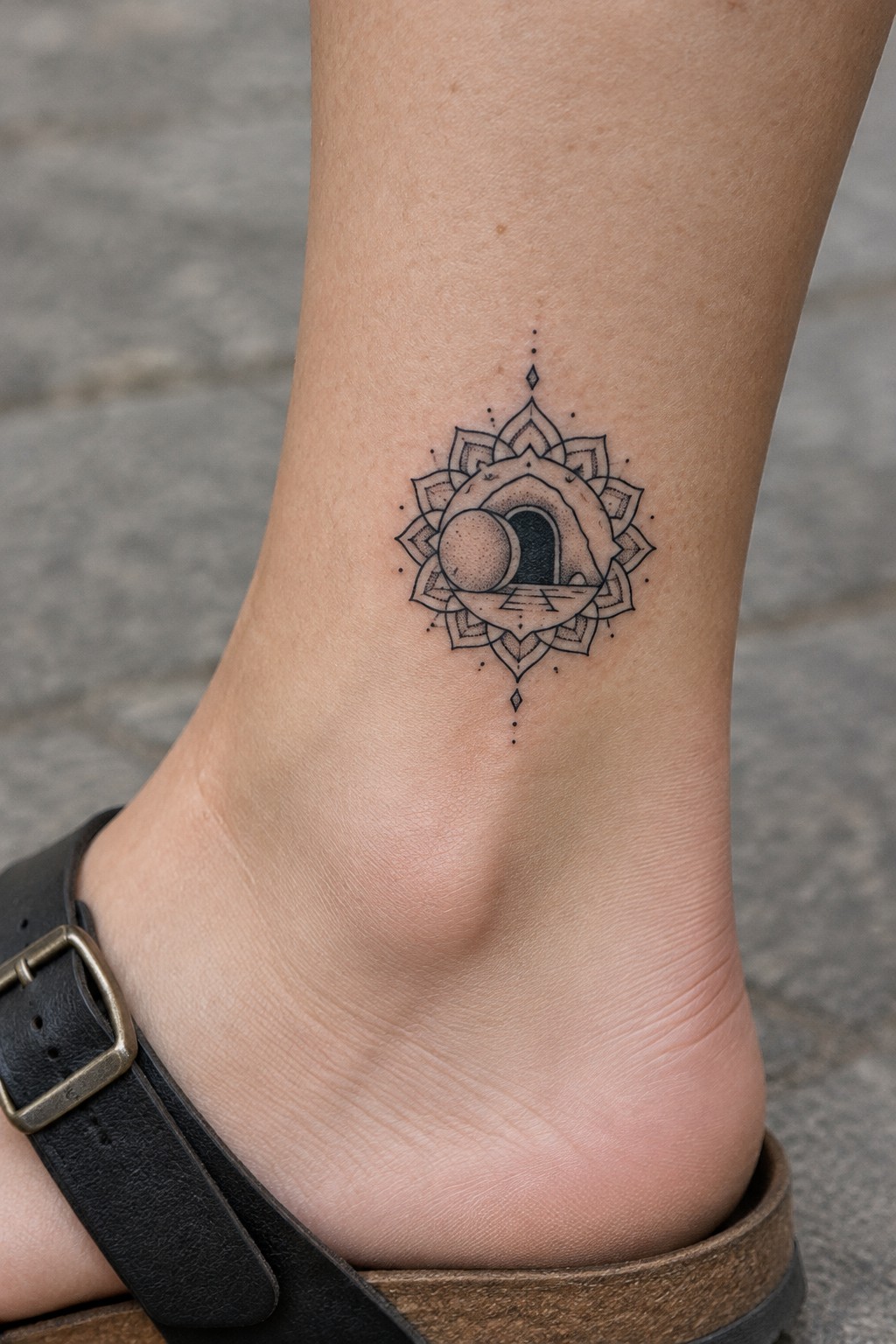 Black mandala tattoo on ankle above black leather buckled sandal