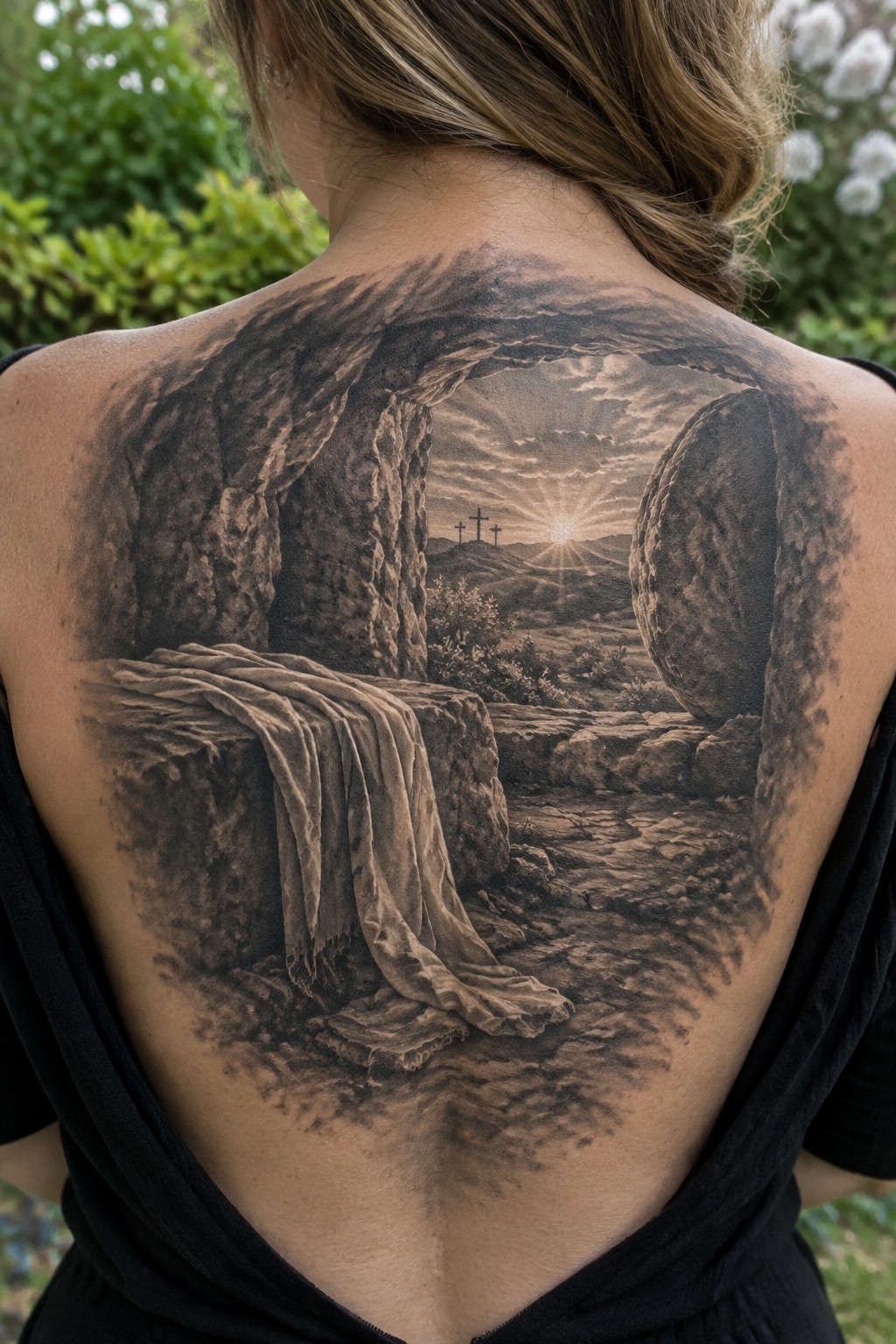 Woman's back with black-and-gray tattoo of empty tomb, rolled stone, and crosses