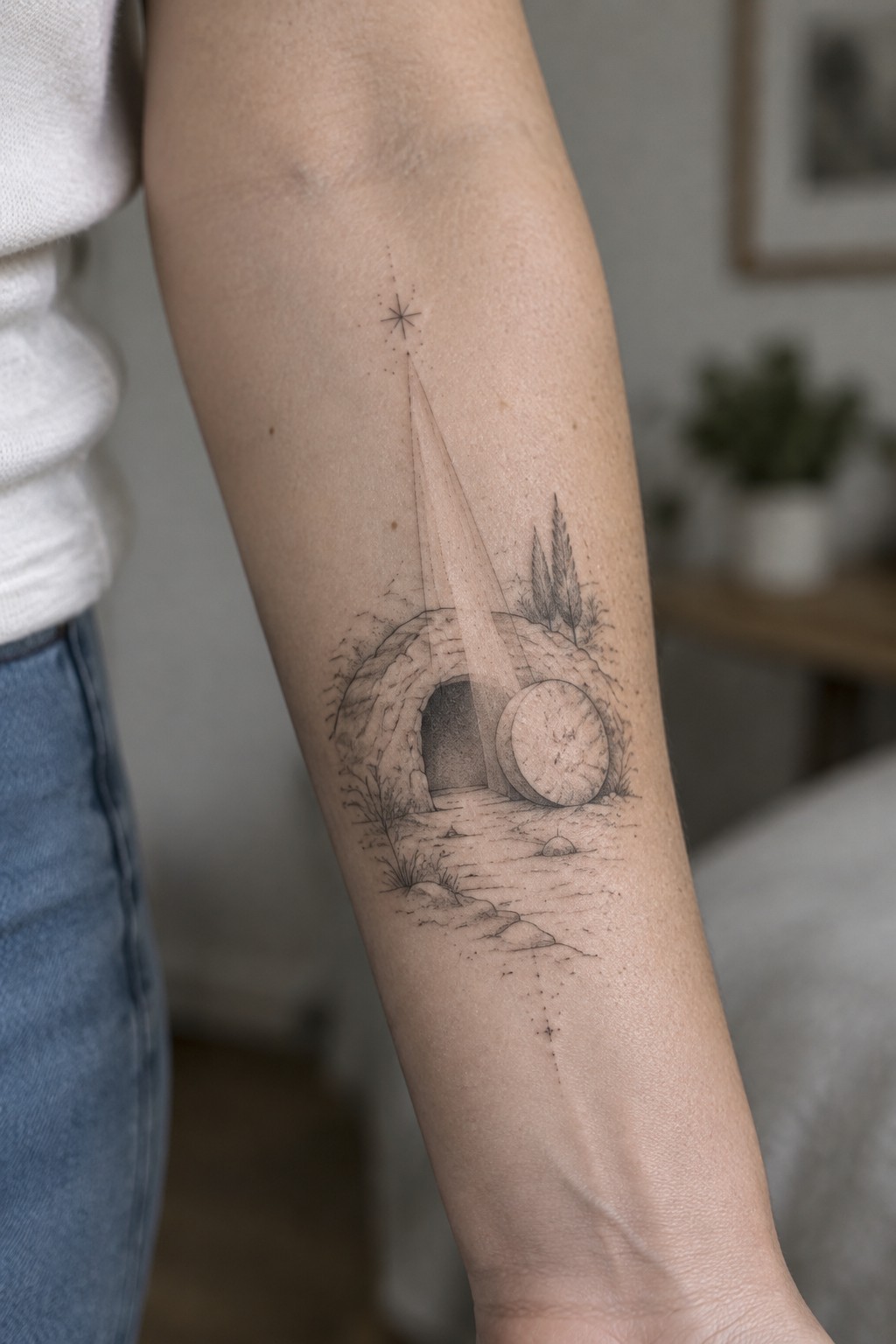 Fine line tattoo of an empty tomb with rolled stone and light beam from a star, placed vertically on the inner forearm.