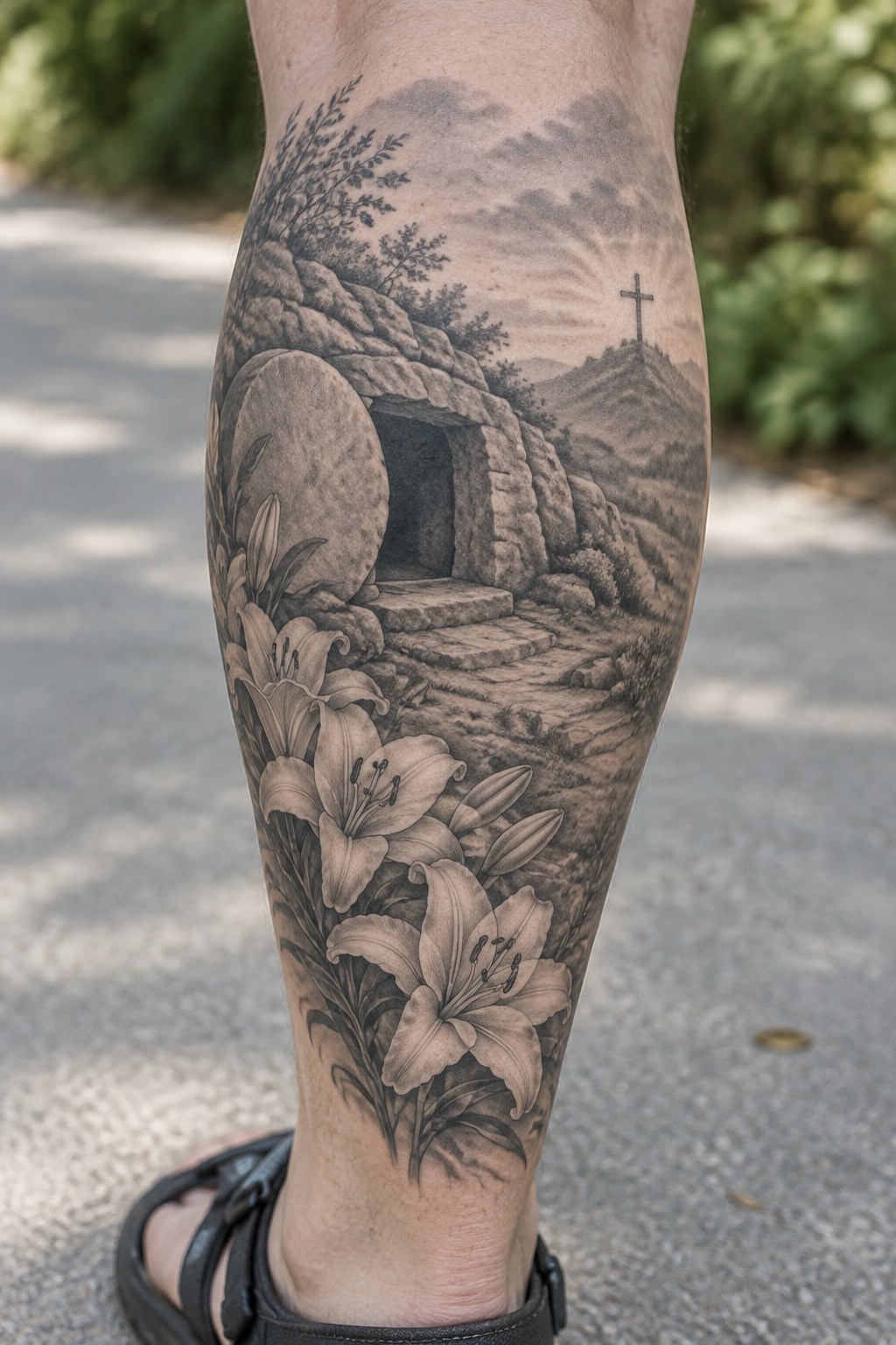 Black and gray realistic leg tattoo of empty tomb, lilies, and hilltop cross
