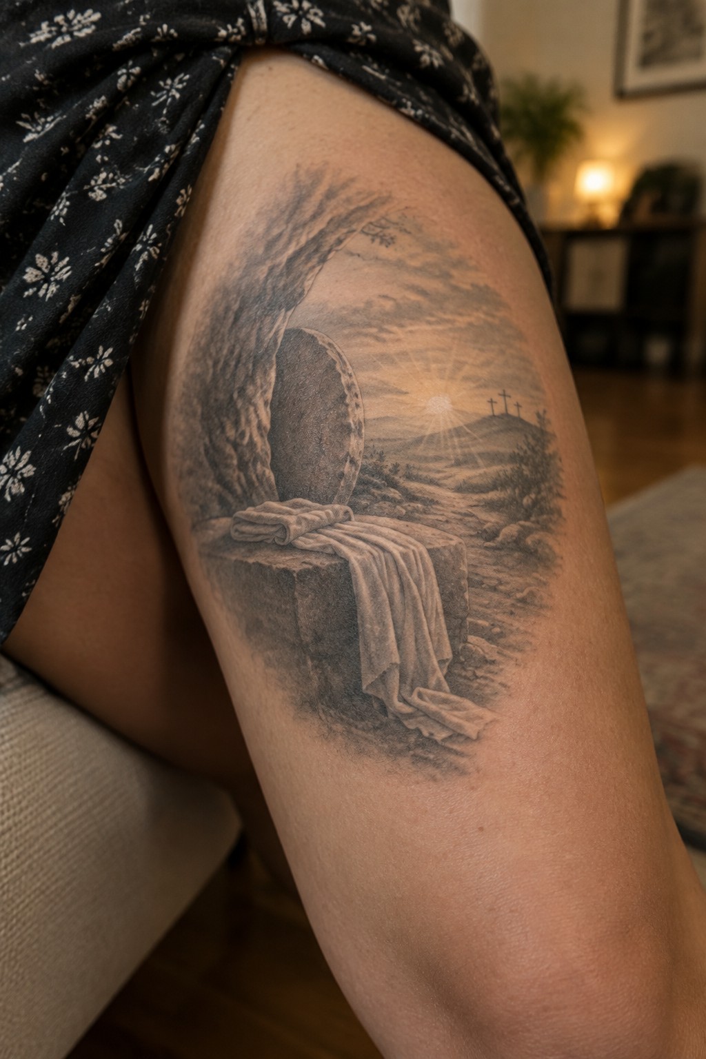 Thigh with black floral skirt and detailed tattoo of empty tomb at sunrise with crosses.