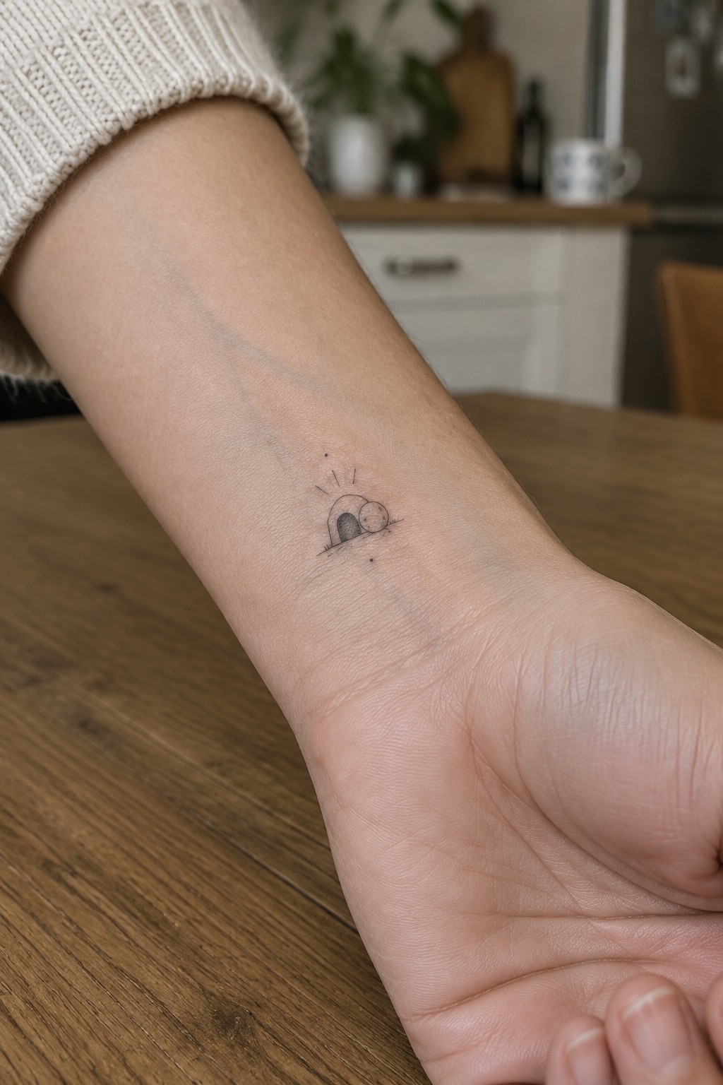 Cream knit sweater on arm with small minimalist dome tattoo on inner wrist