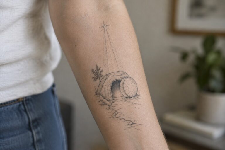 18 Resurrection Tattoos Depicting the Empty Tomb and the Risen Christ Fine line tattoo of an empty tomb with rolled stone and light beam from a star, placed vertically on the inner forearm.