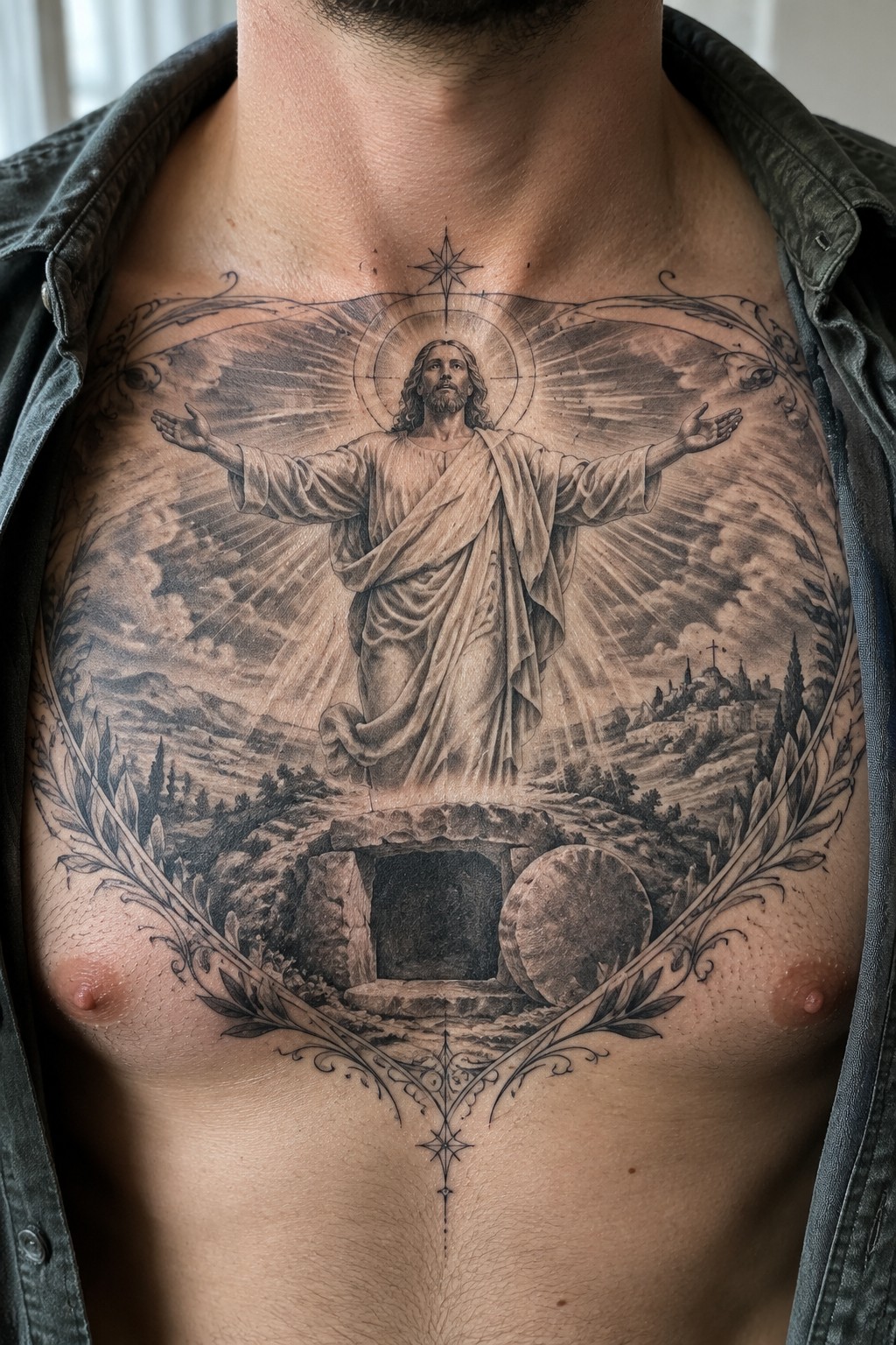 Black and grey chest tattoo of the risen Christ with arms outstretched above an empty tomb, framed by a laurel wreath and stars.