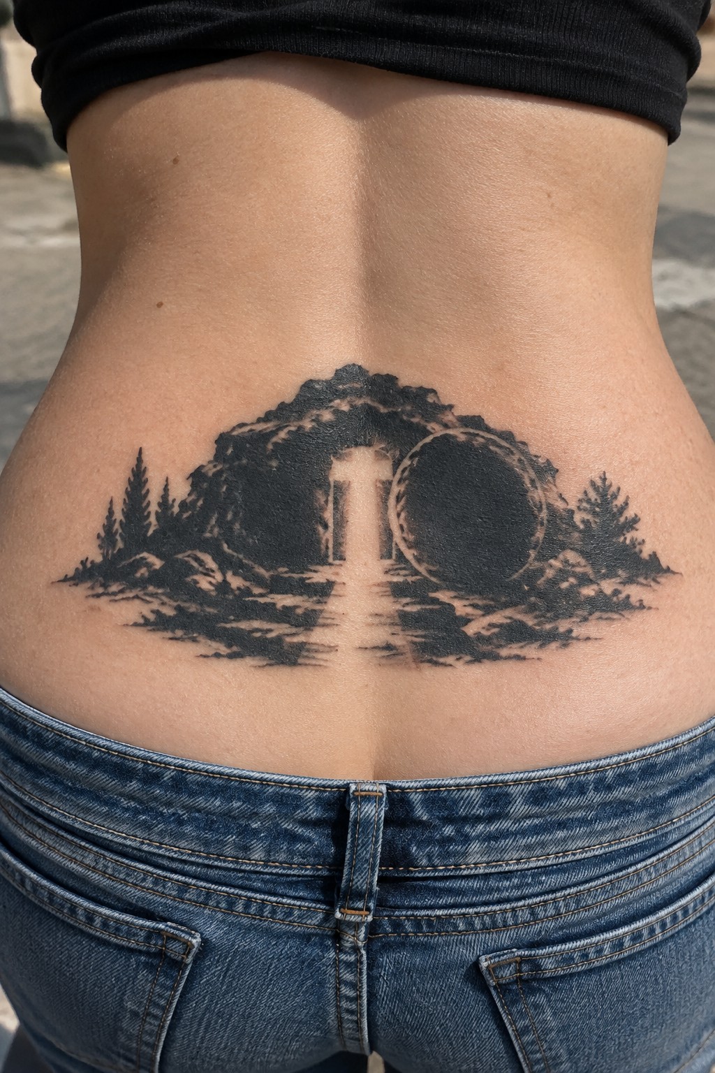 Black crop top and blue jeans framing a detailed landscape tattoo on lower back