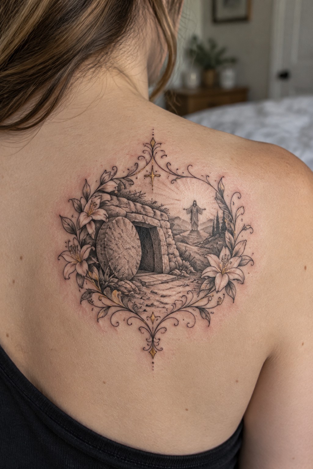 Upper back tattoo of the empty tomb with the stone rolled away, the risen Christ in the background, surrounded by lilies and an ornate frame with gold accents