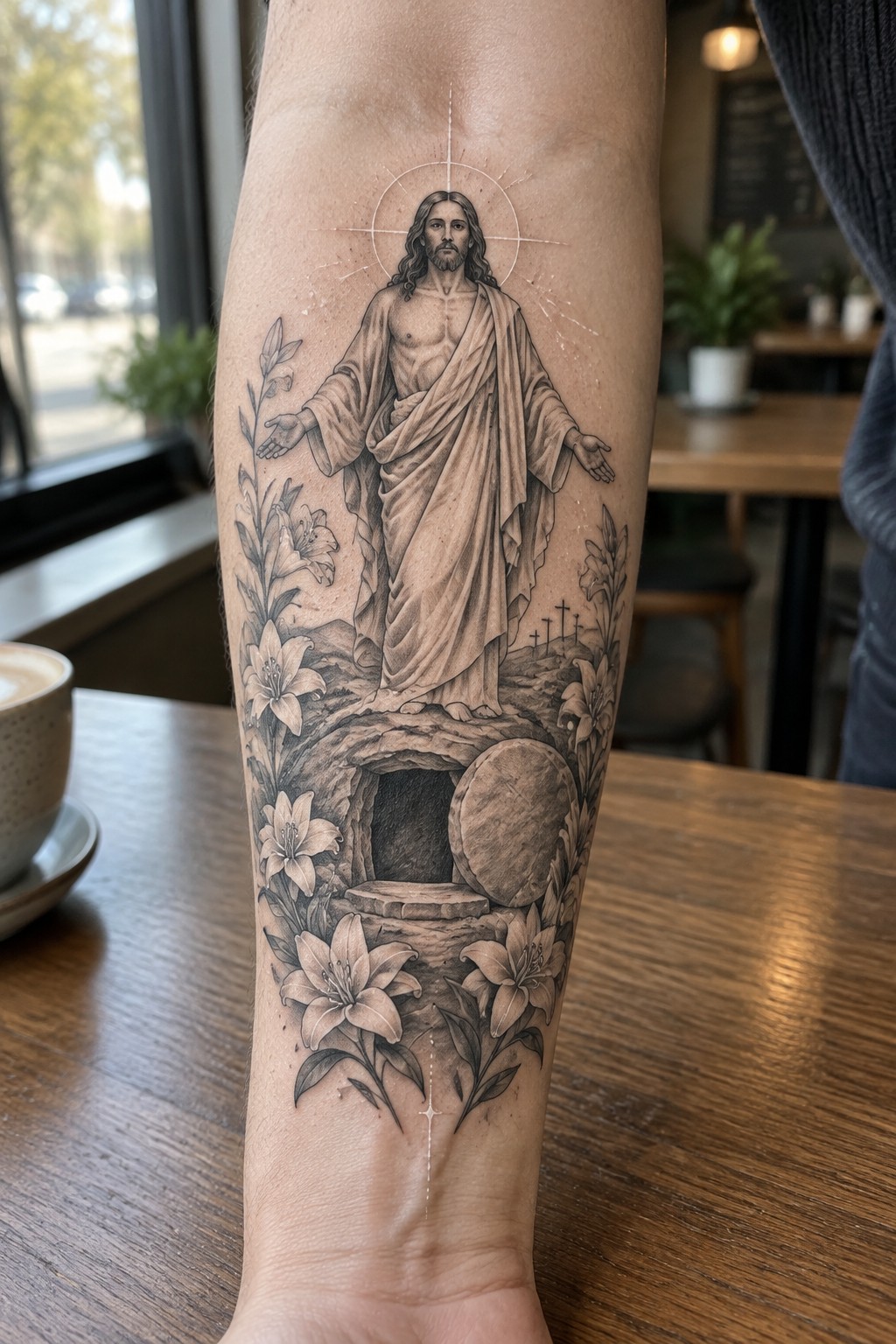 Black and gray forearm tattoo of Jesus above empty tomb with lilies and halo.