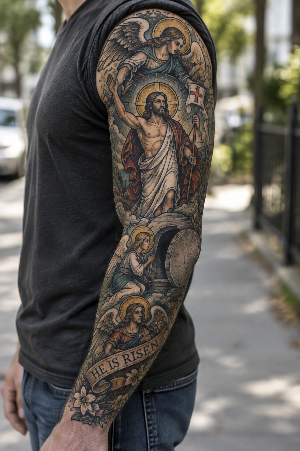 Full sleeve tattoo on an arm showing the risen Christ with angels, the empty tomb, and a banner reading He Is Risen.