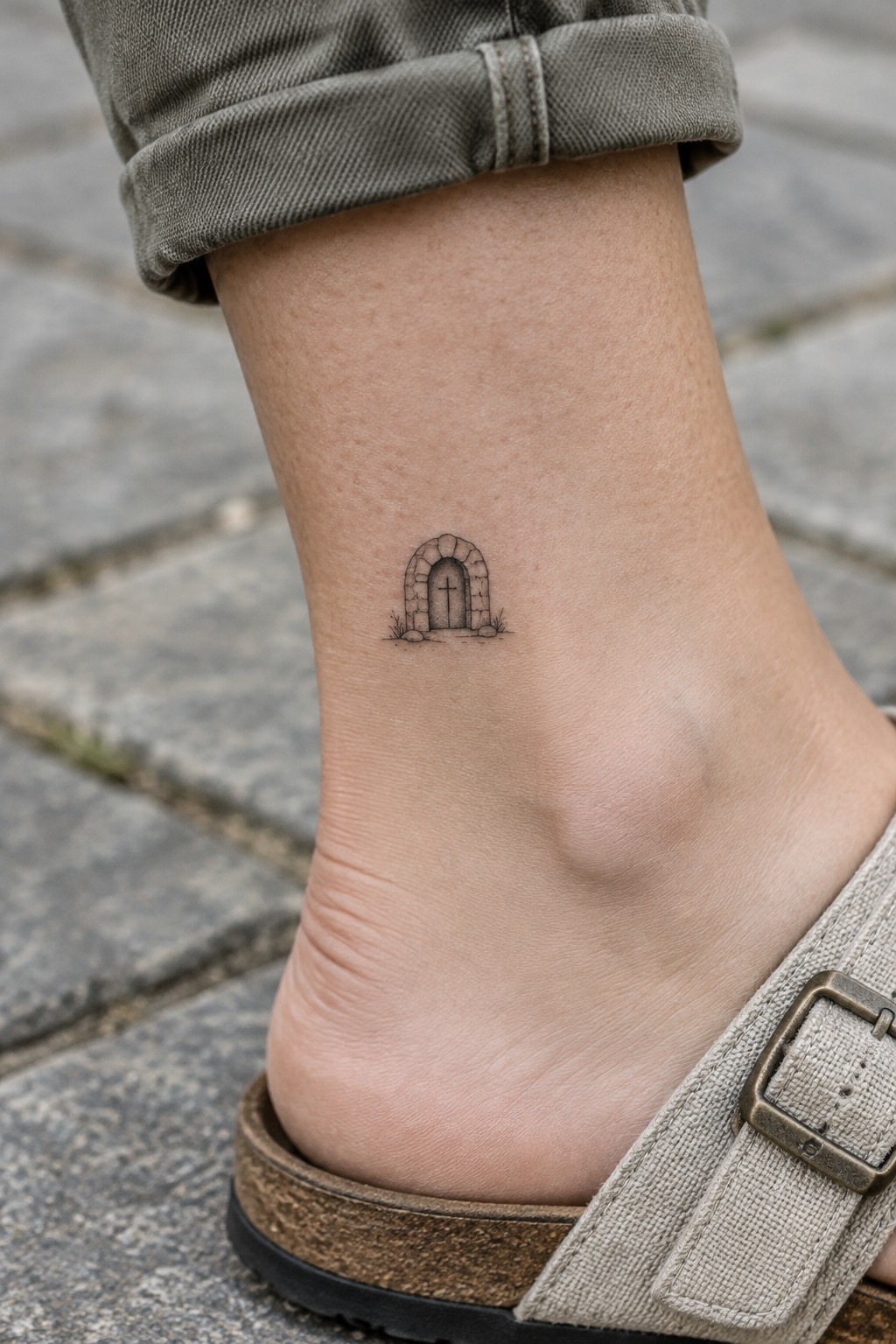 Minimalist black ink tattoo of a stone arch tomb with a cross inside, placed on the ankle.