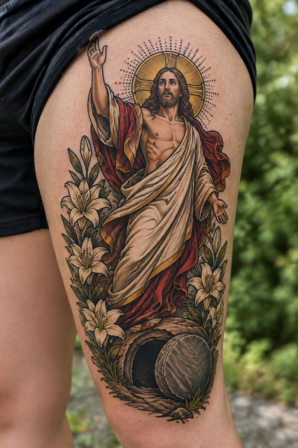 Vibrant thigh tattoo of Jesus with halo, red robes, lilies, and empty tomb