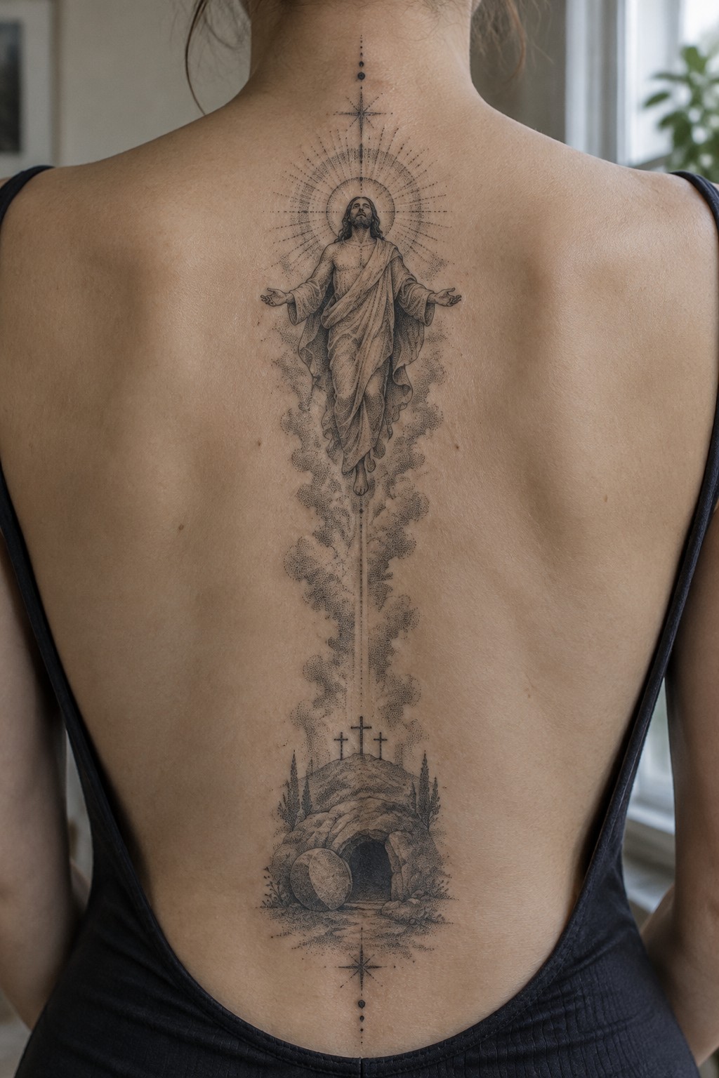 Large black-ink tattoo of Jesus above empty tomb with crosses on back