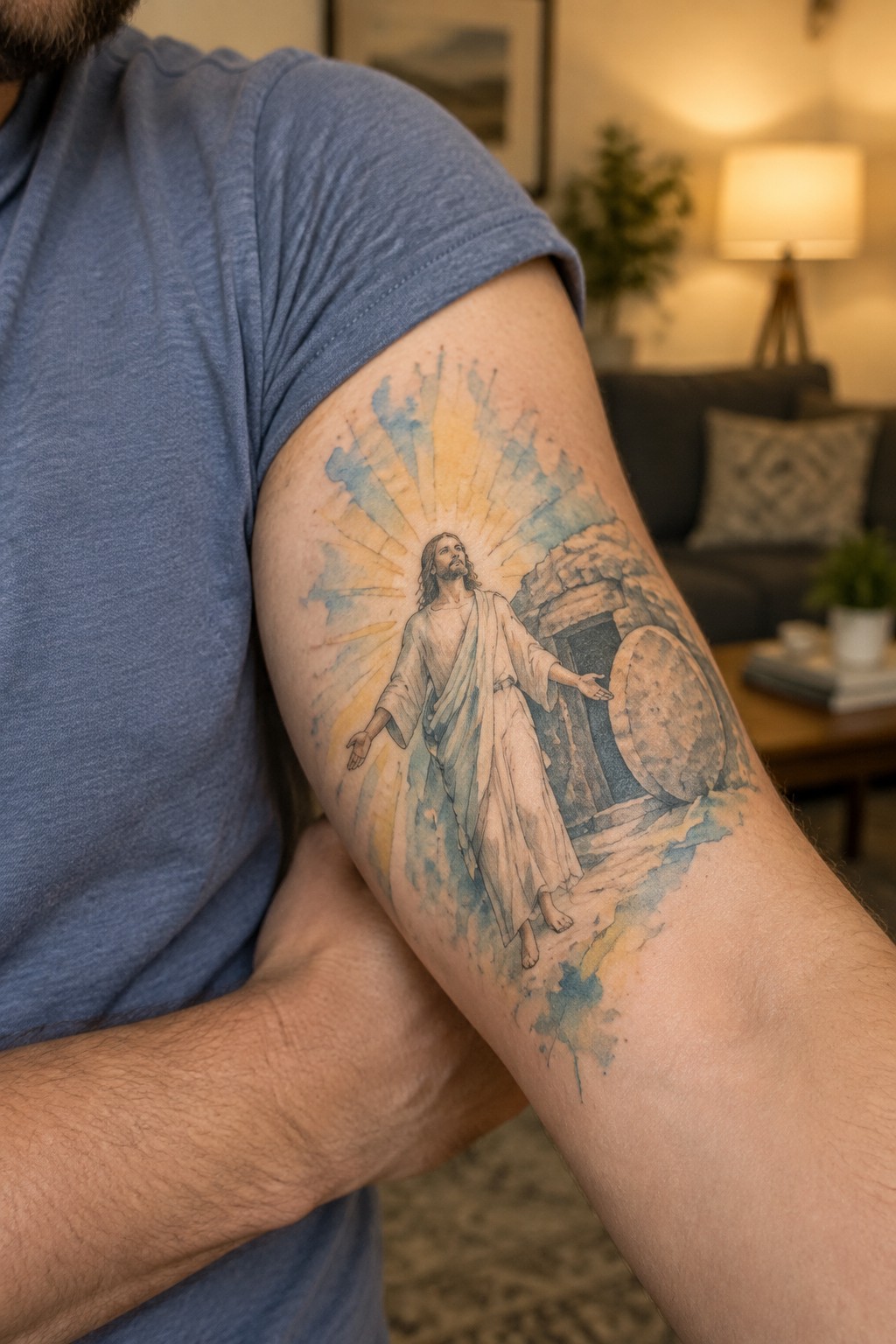 Upper arm tattoo of the risen Christ standing before an empty tomb with radiating rays and blue yellow watercolor accents
